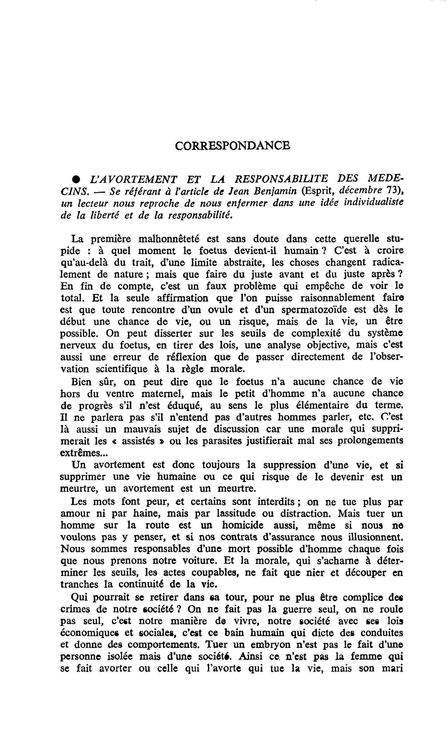 L’AVORTEMENT ET LA RESPONSABILITE DES MEDECINS