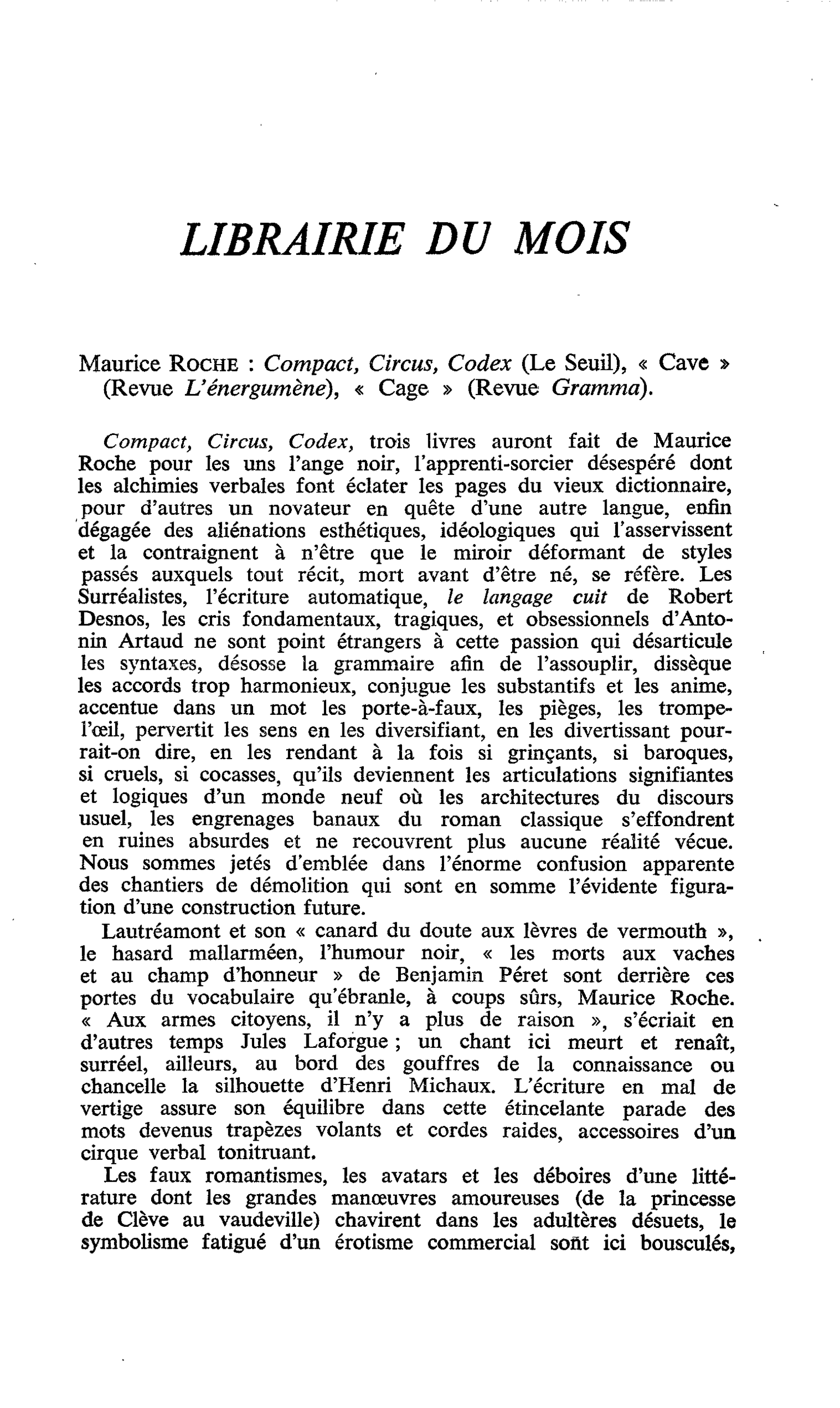 Maurice Roche : Compact, Circus, Codex, « Cave », « Cage »