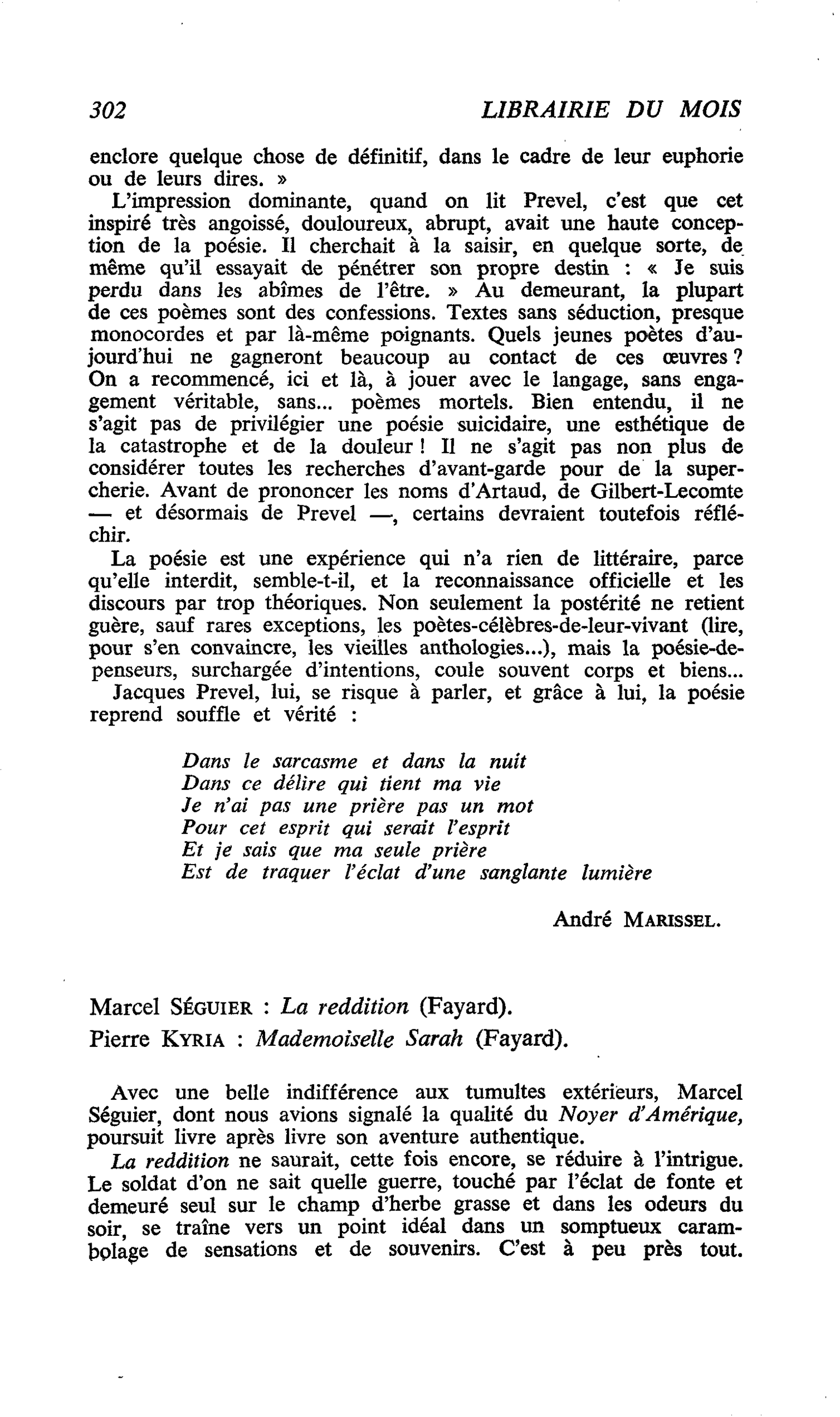 Marcel Séguier : La reddition Pierre Kyria : Mademoiselle Sarah