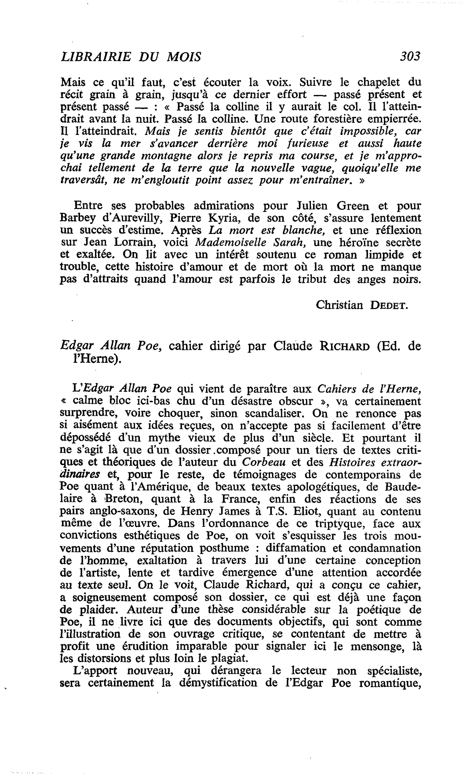 Edgar Allan Poe, cahier dirigé par Claude Richard