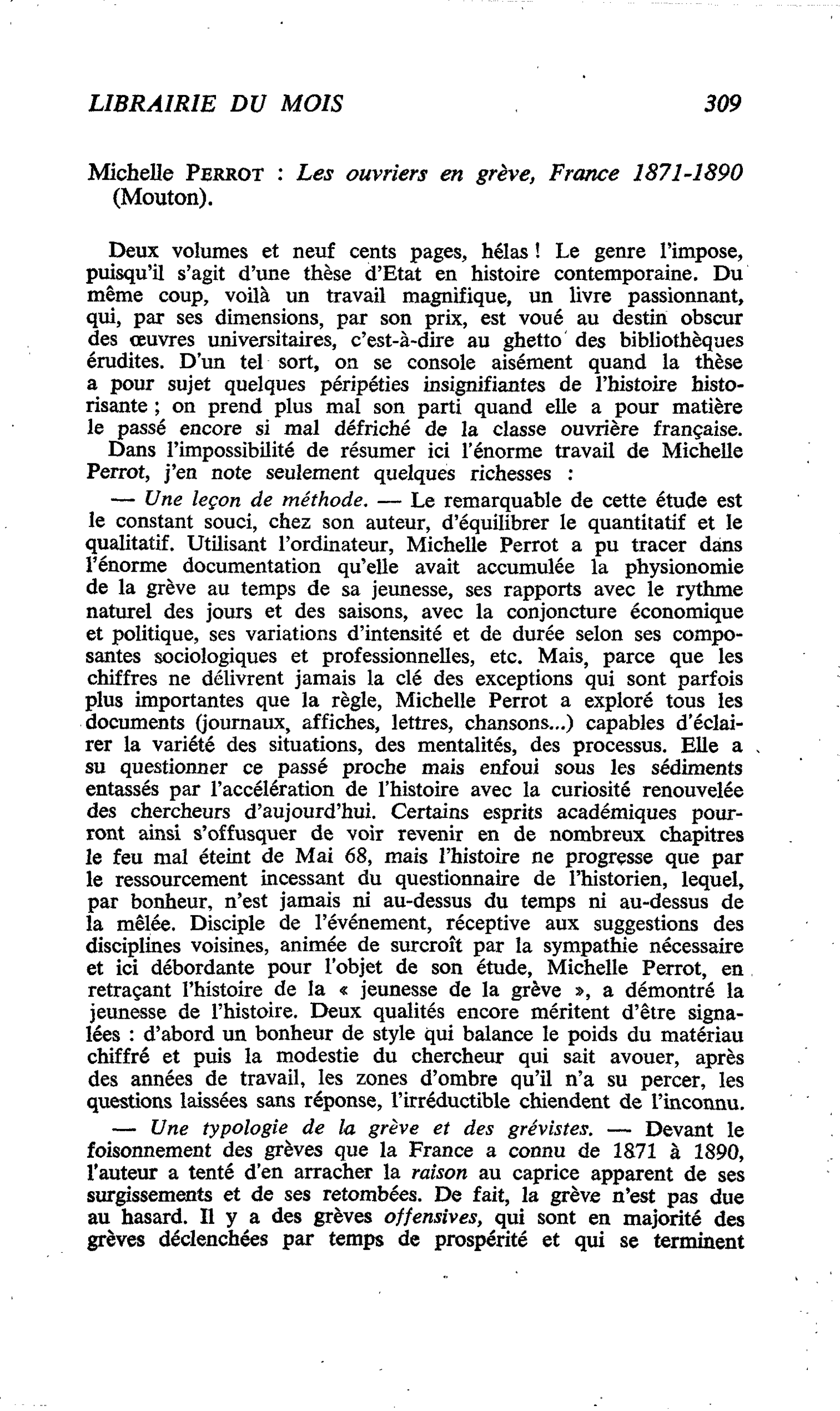 Michelle PERROT : Les ouvriers en grève, France 1871-1890