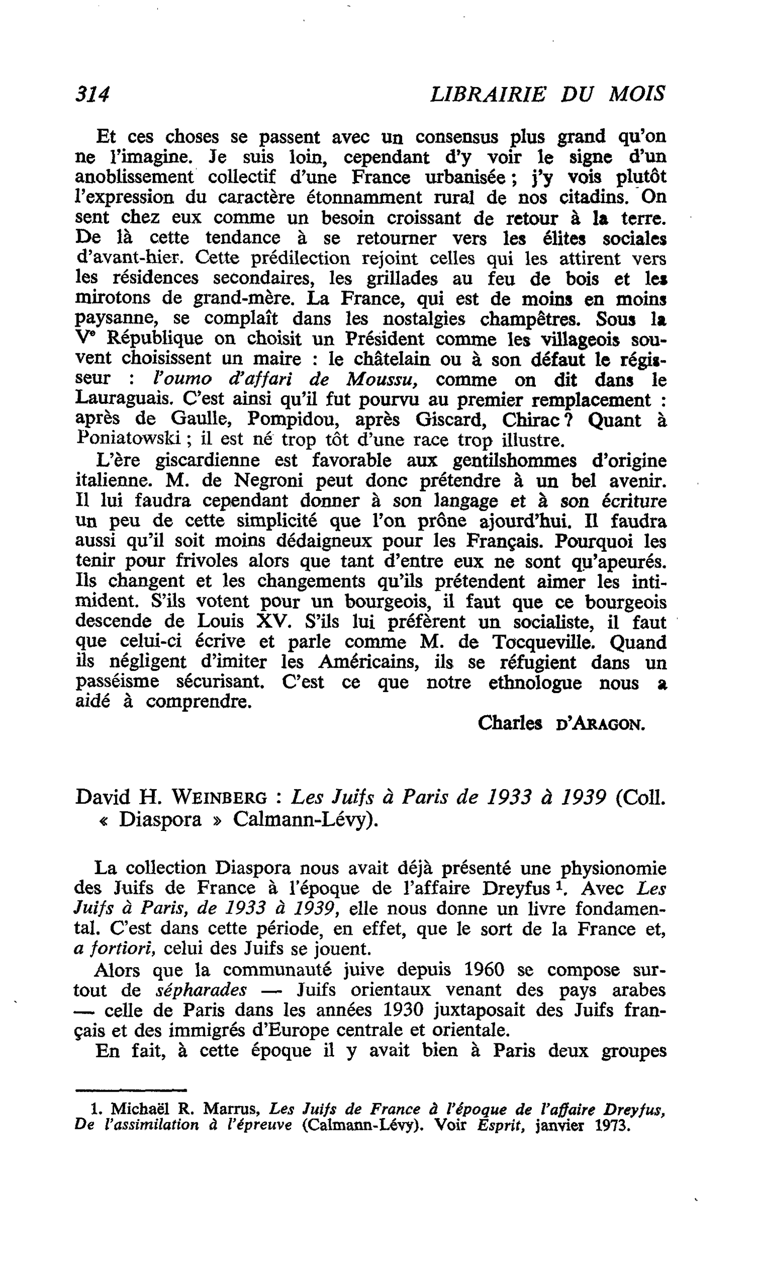 David H. Weinberg : Les Juifs à Paris de 1933 à 1939
