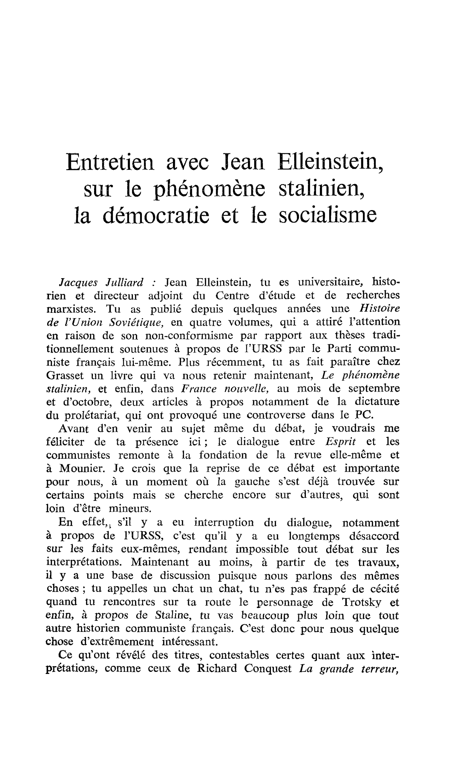 Entretien avec Jean Elleinstein sur le phénomène stalinien, la démocratie et le socialisme