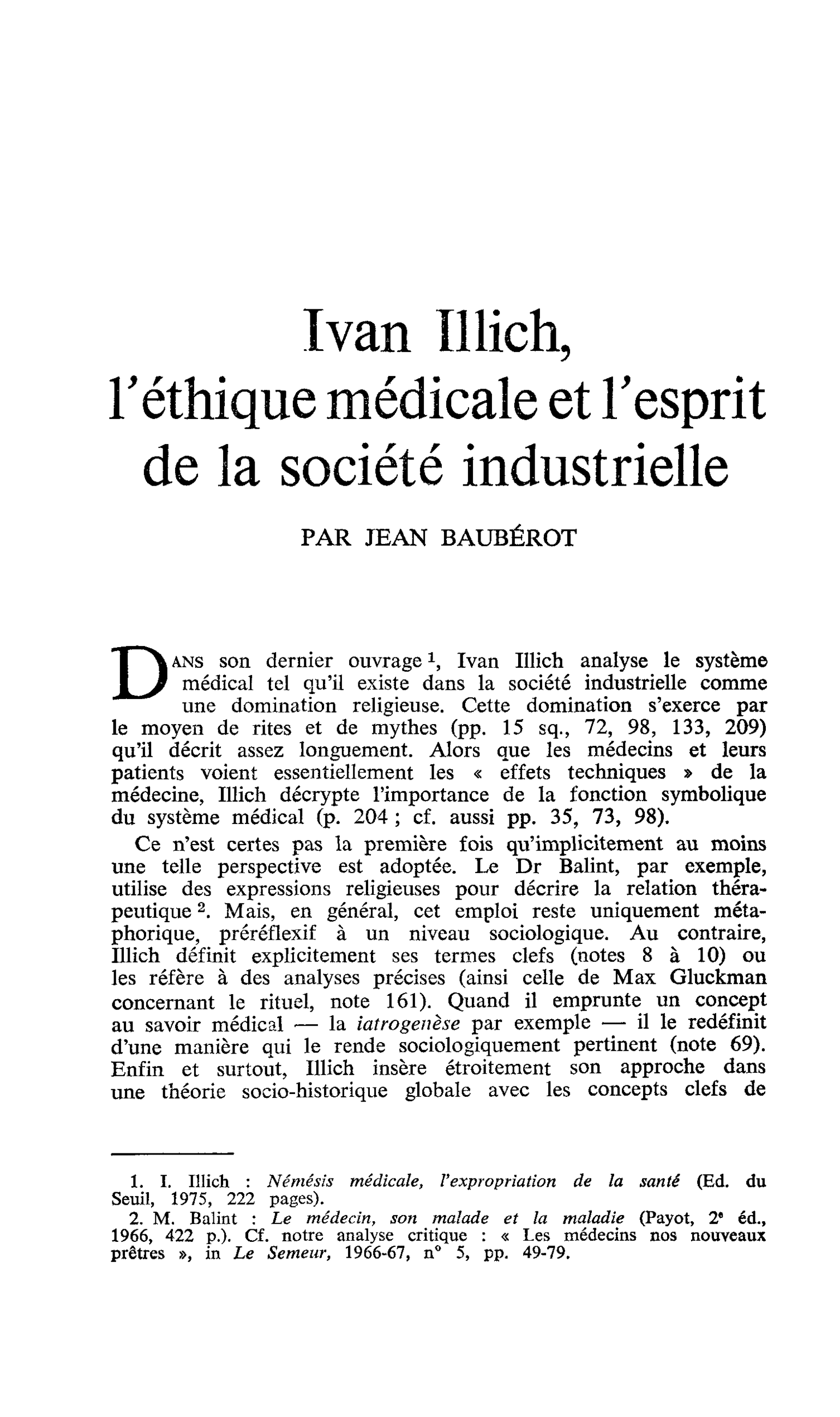 Ivan Illich, l’éthique médicale et l’esprit de la société industrielle