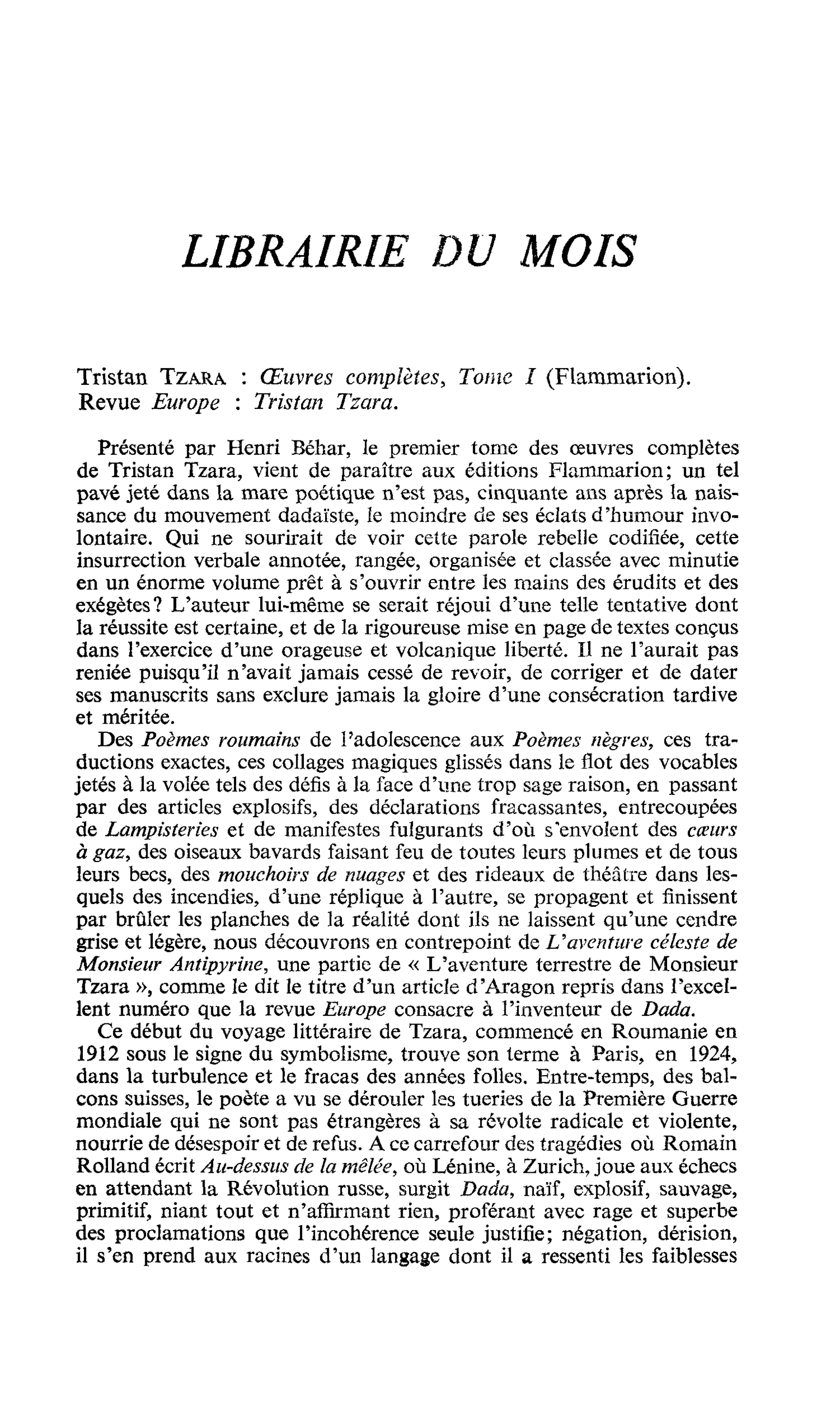Tristan TZARA : Oeuvres complètes, Tome 1. Revue Europe : Tristan Tzara