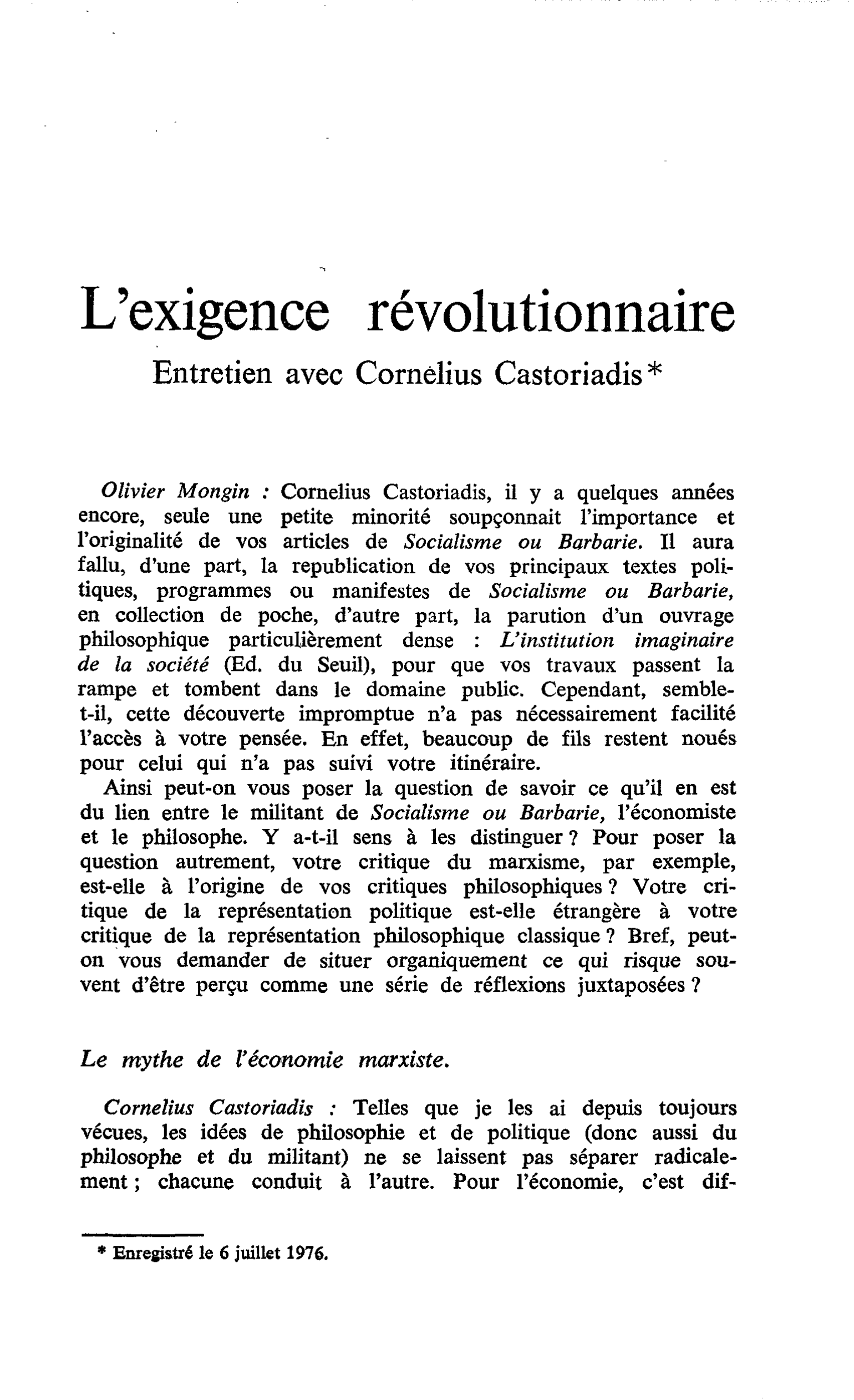 L’exigence révolutionnaire. Entretien avec Cornélius Castoriadis