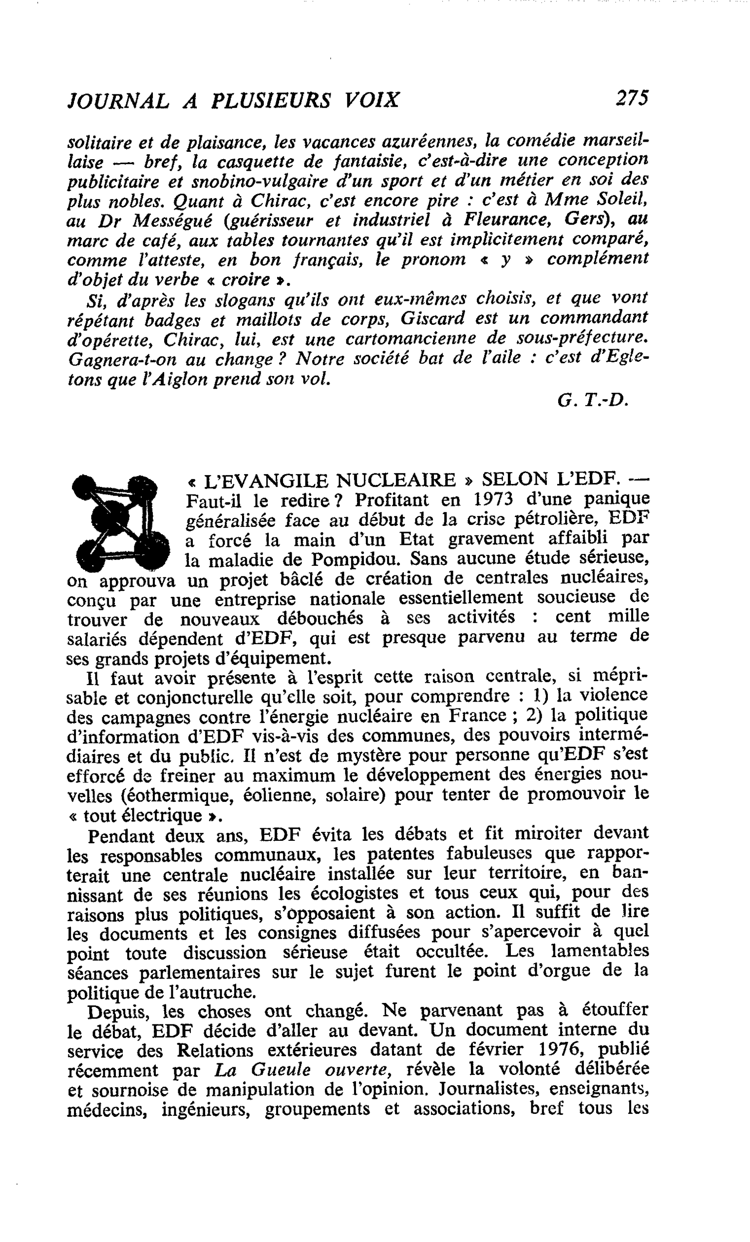 « L’EVANGILE NUCLEAIRE » SELON L’EDF