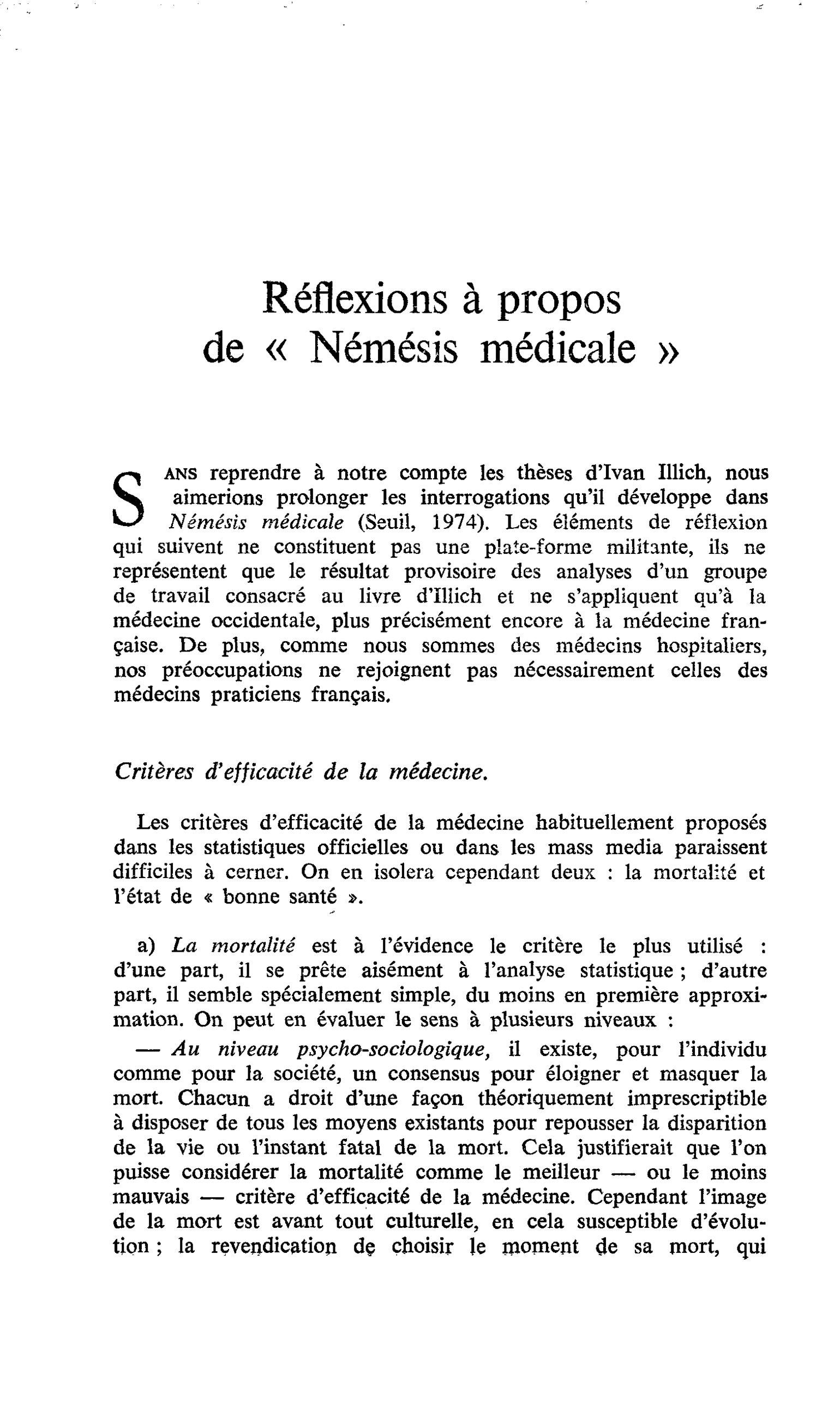 Réflexions à propos de « Némésis médicale »