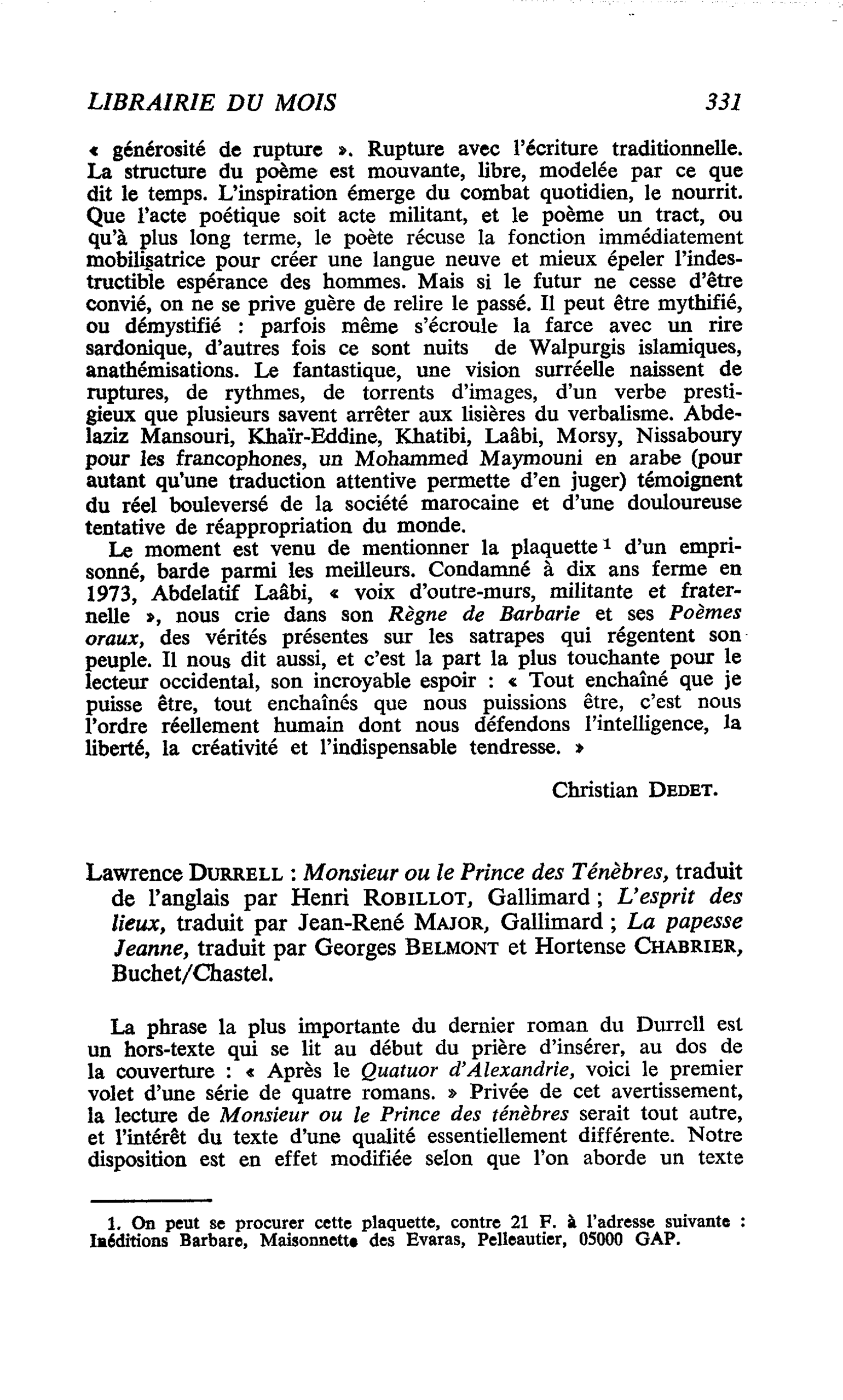 Lawrence Durrell : Monsieur ou le Prince des Ténèbres, traduit de l’anglais par Henri Robillot ; L’esprit des lieux ; La papesse Jeanne