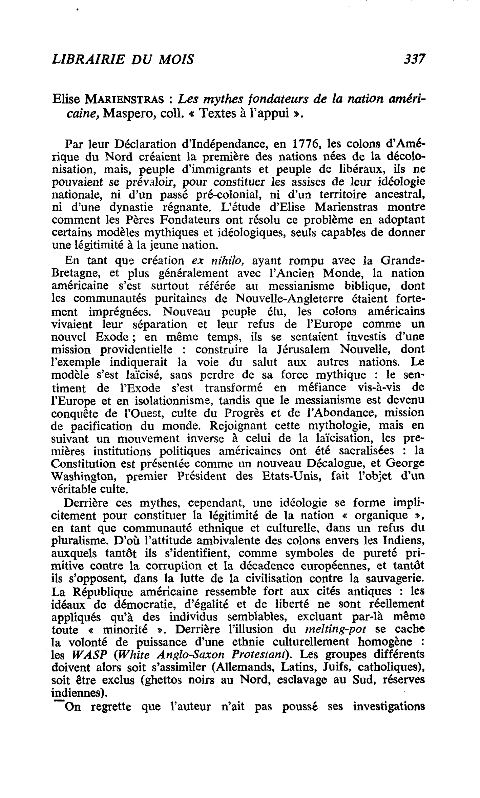 Elise Marienstras : Les mythes fondateurs de la nation américaine, Maspero, coll. « Textes à l’appui »