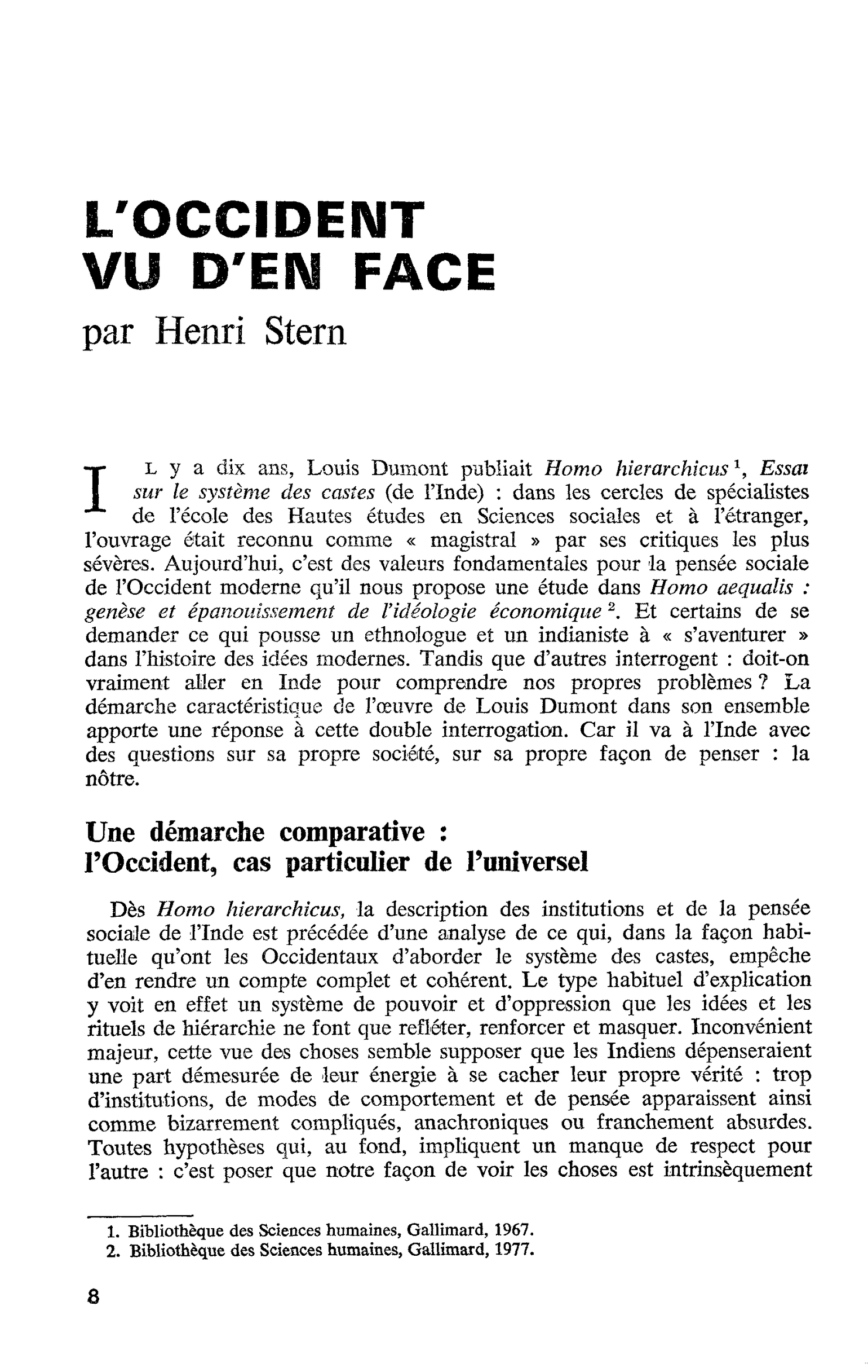 L’OCCIDENT VU D’EN FACE