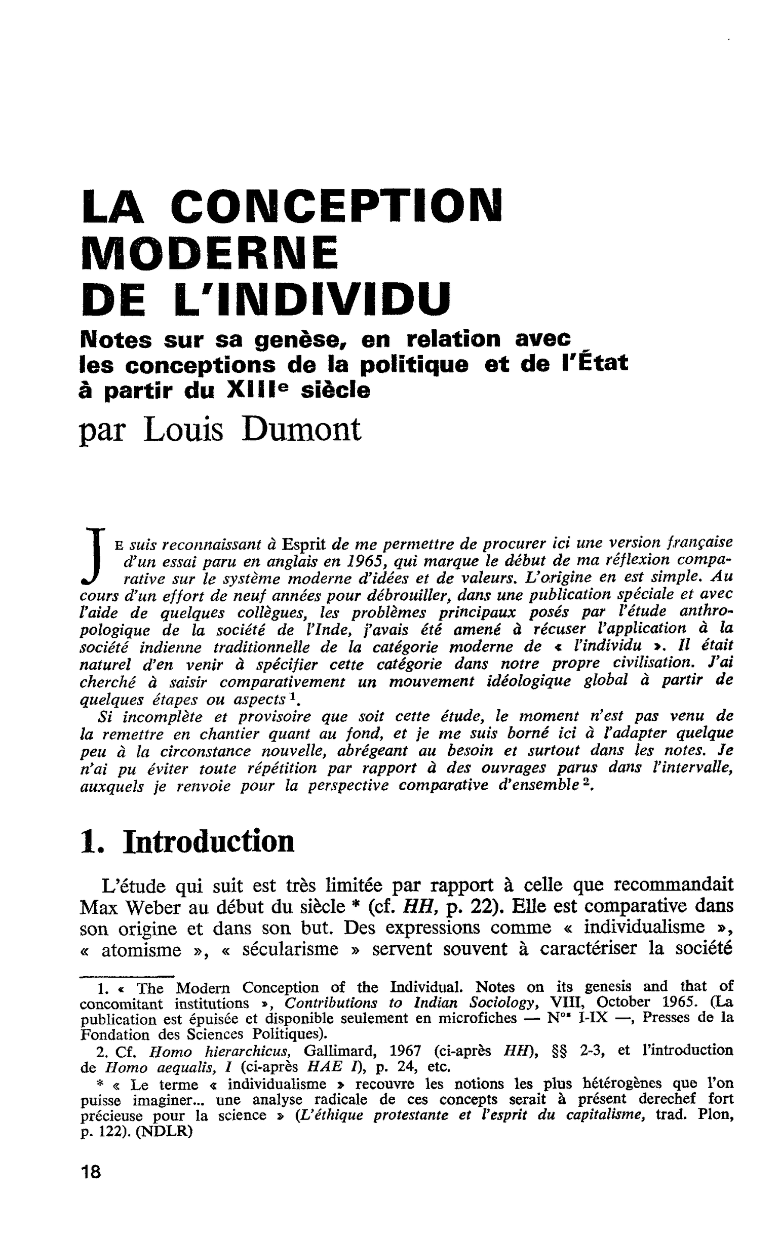 LA CONCEPTION MODERNE DE L’INDIVIDU. Notes sur sa genèse, en relation avec les conceptions de la politique et de l’État à partir du XIIIe siècle
