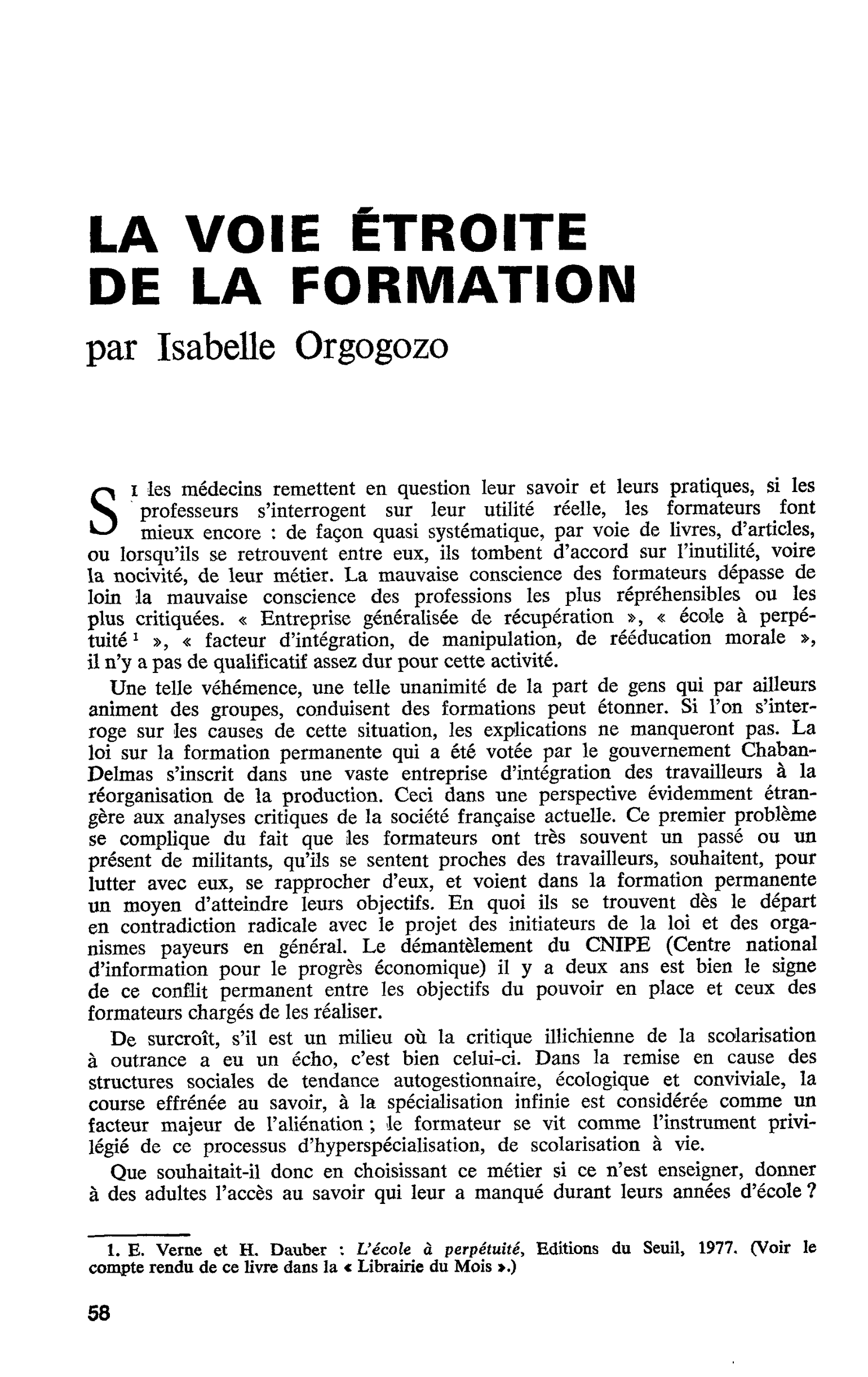 LA VOIE ÉTROITE DE LA FORMATION