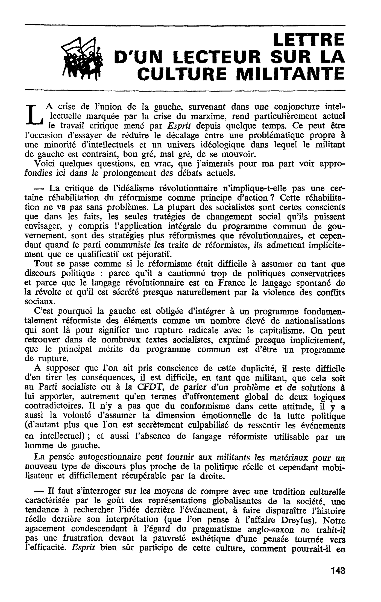 LETTRE D’UN LECTEUR SUR LA CULTURE MILITANTE
