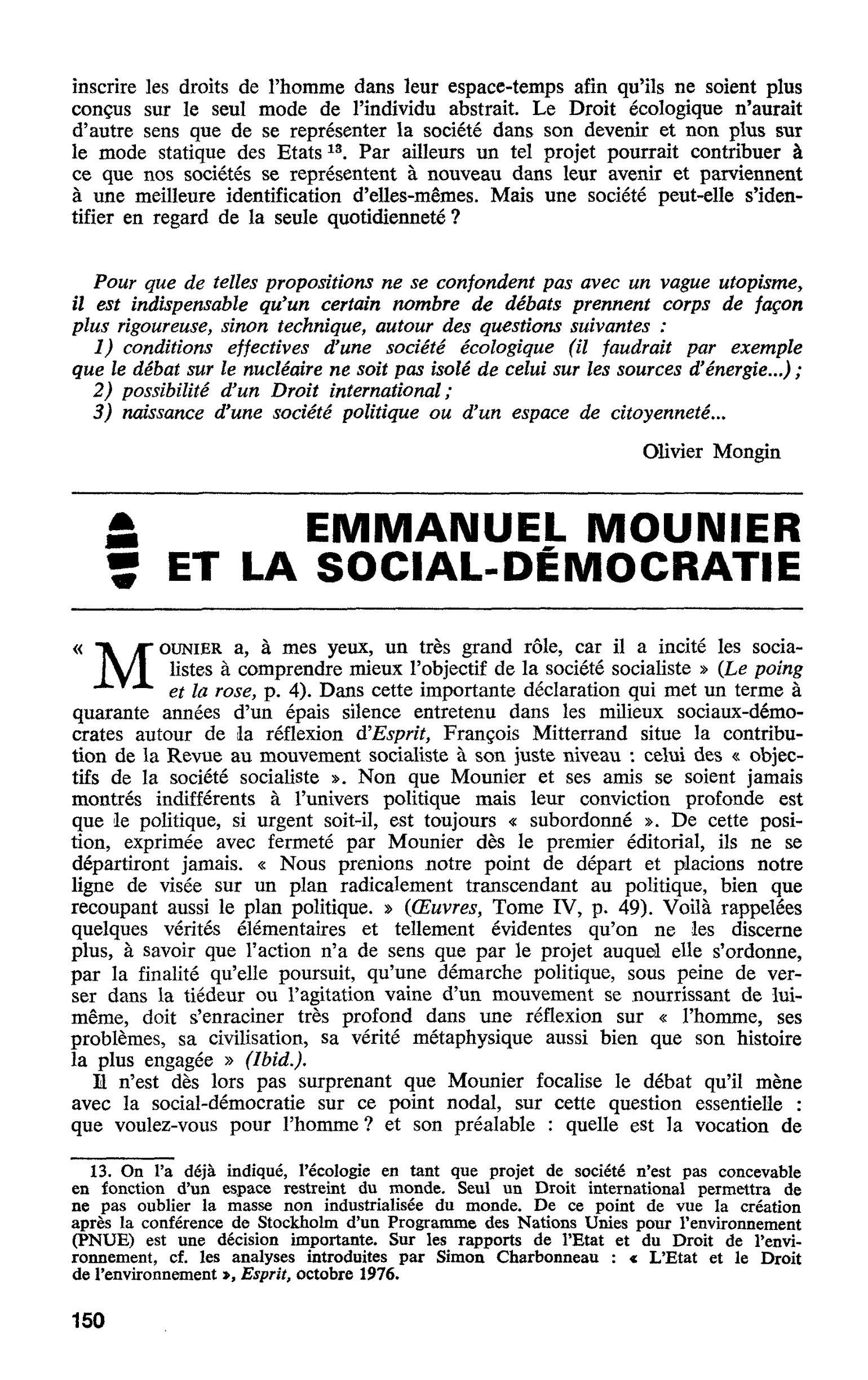 EMMANUEL MOUNIER ET LA SOCIAL-DÉMOCRATIE