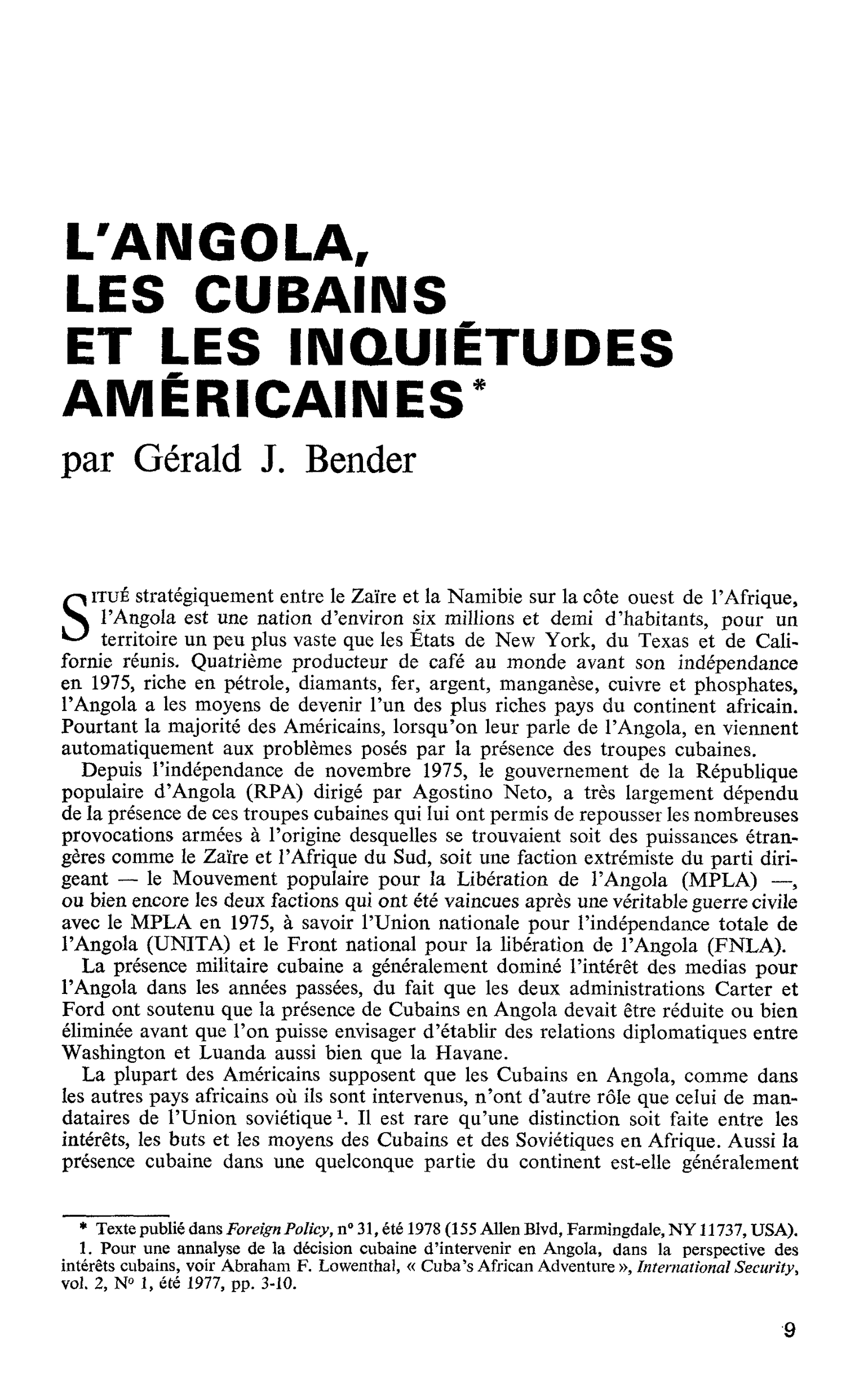 L’ANGOLA, LES CUBAINS ET LES INQUIÉTUDES AMÉRICAINES