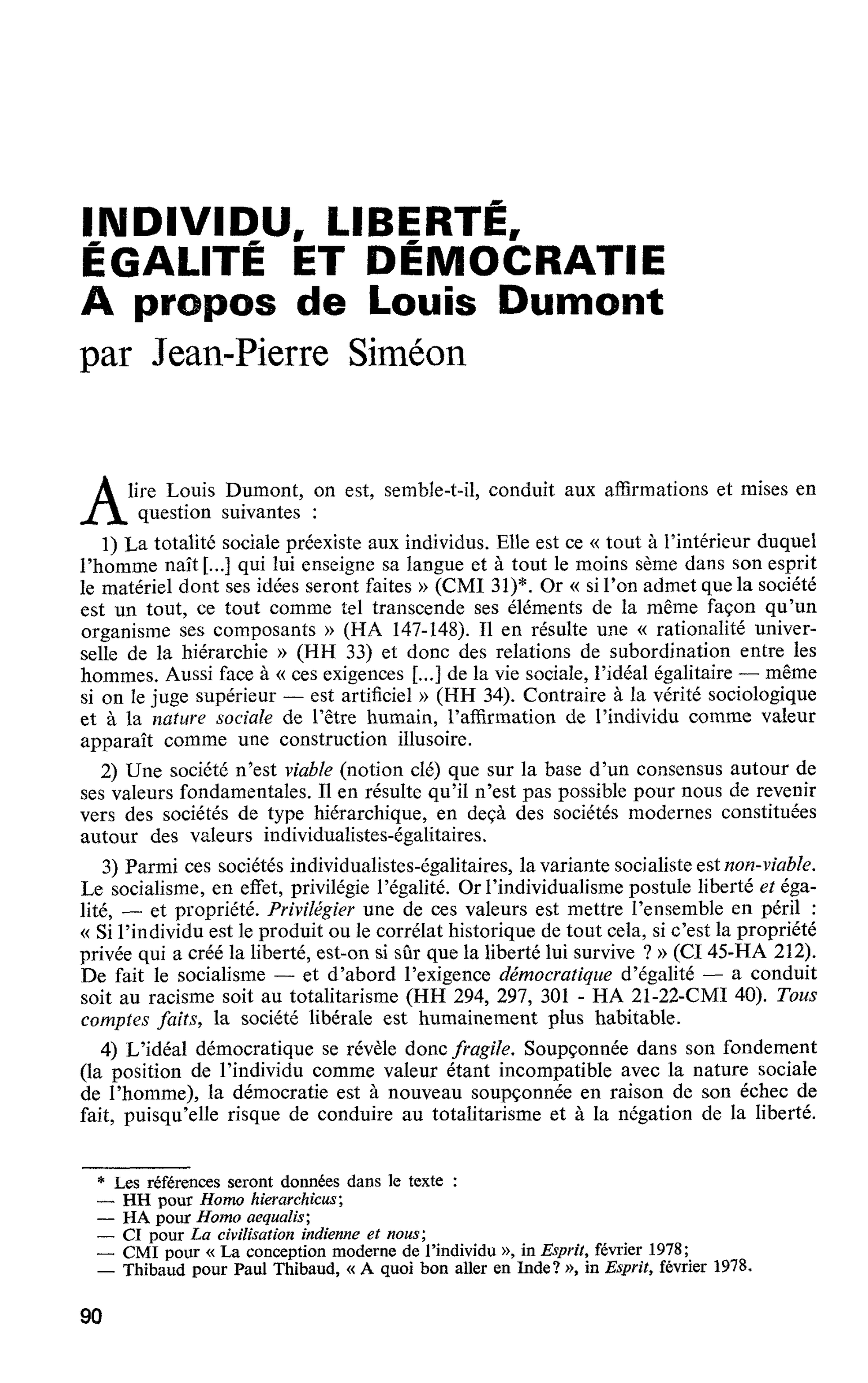 INDIVIDU, LIBERTÉ, ÉGALITÉ ET DÉMOCRATIE. A propos de Louis Dumont