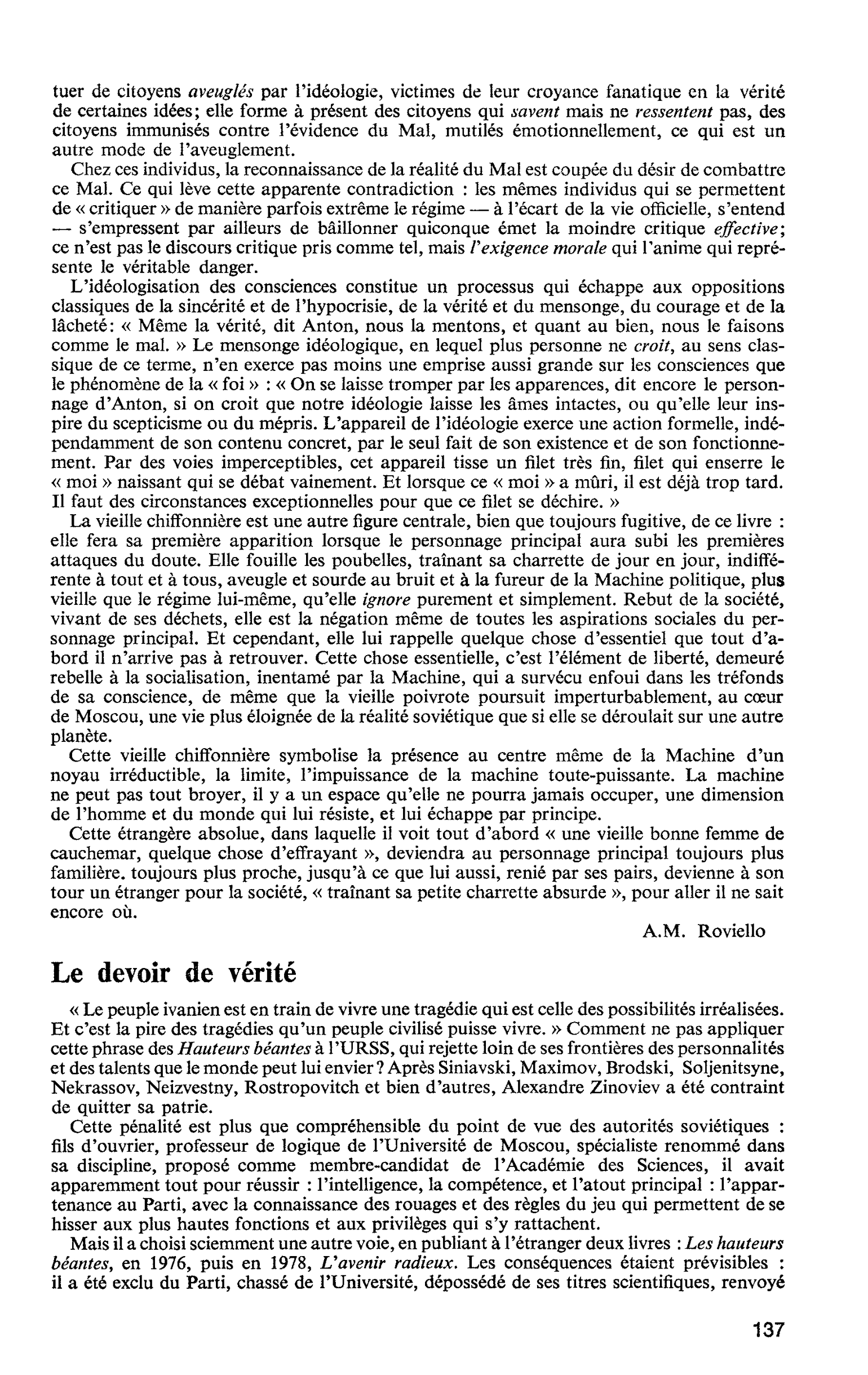 ALEXANDRE ZINOVIEV : Le devoir de vérité