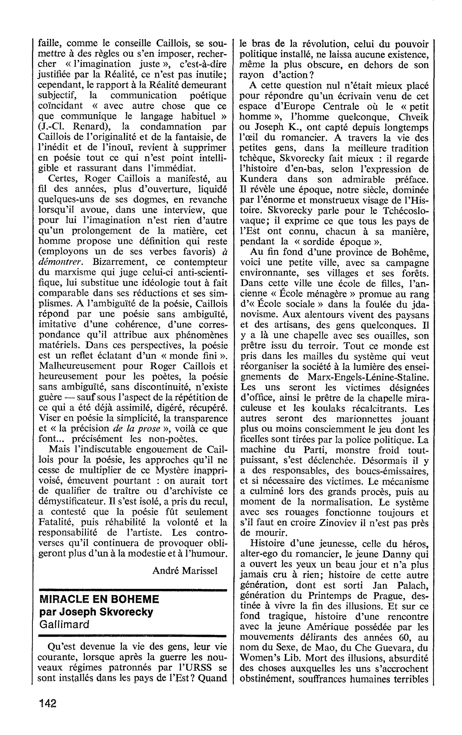 MIRACLE EN BOHEME par Joseph Skvorecky