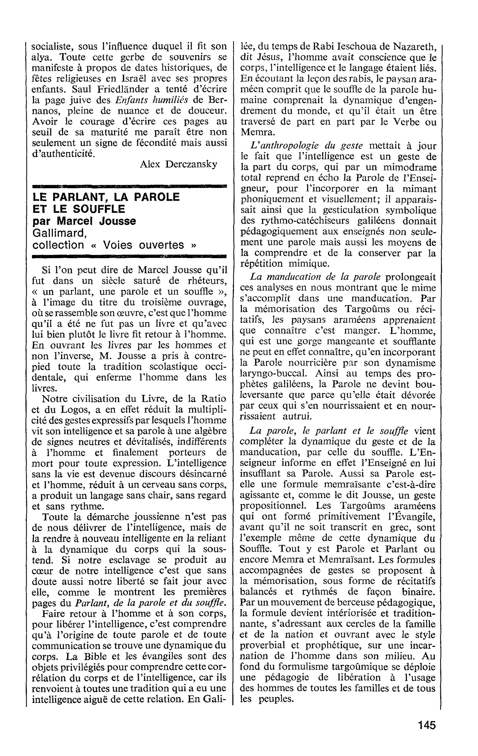 LE PARLANT, LA PAROLE ET LE SOUFFLE par Marcel Jousse