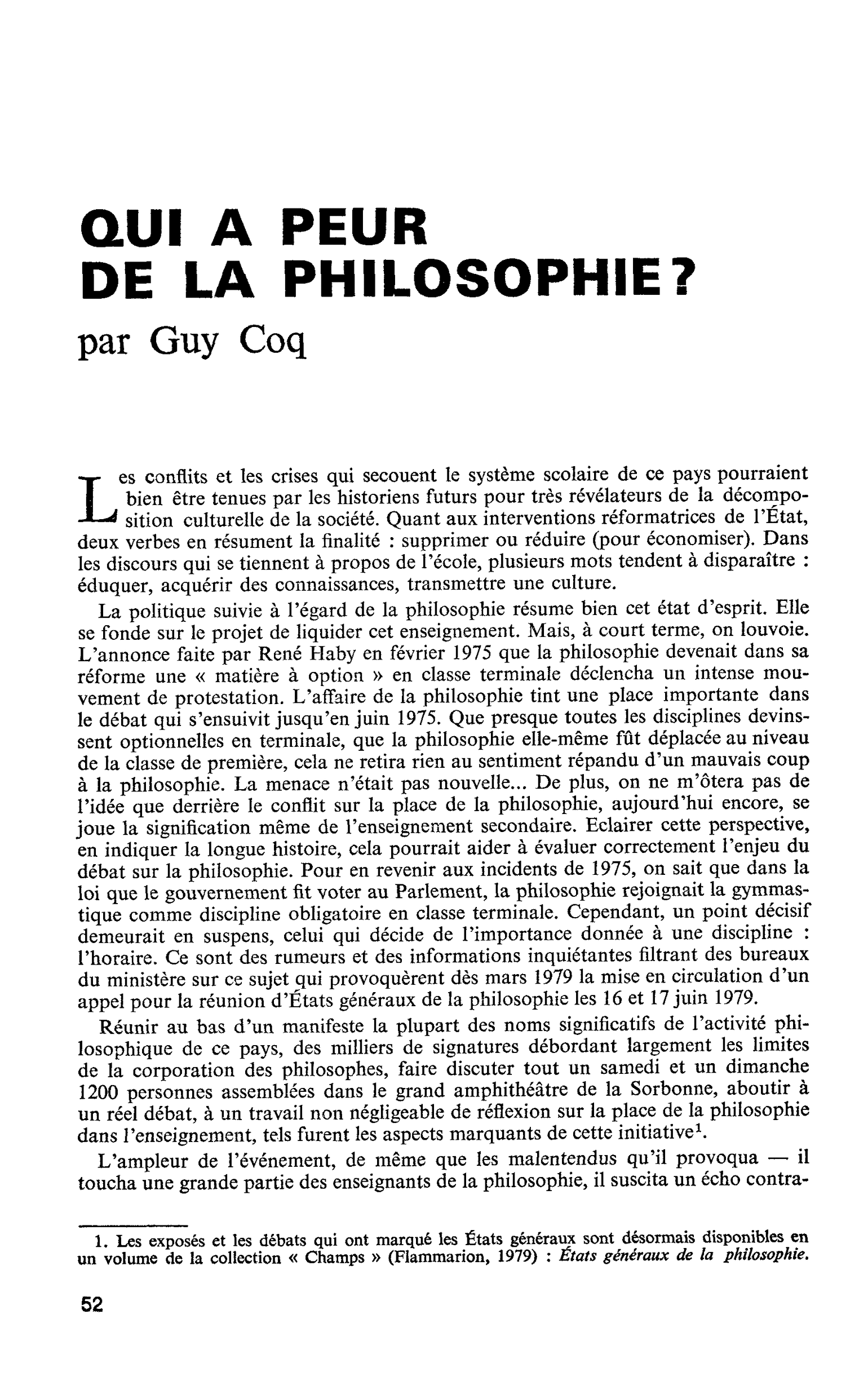 QUI A PEUR DE LA PHILOSOPHIE ?