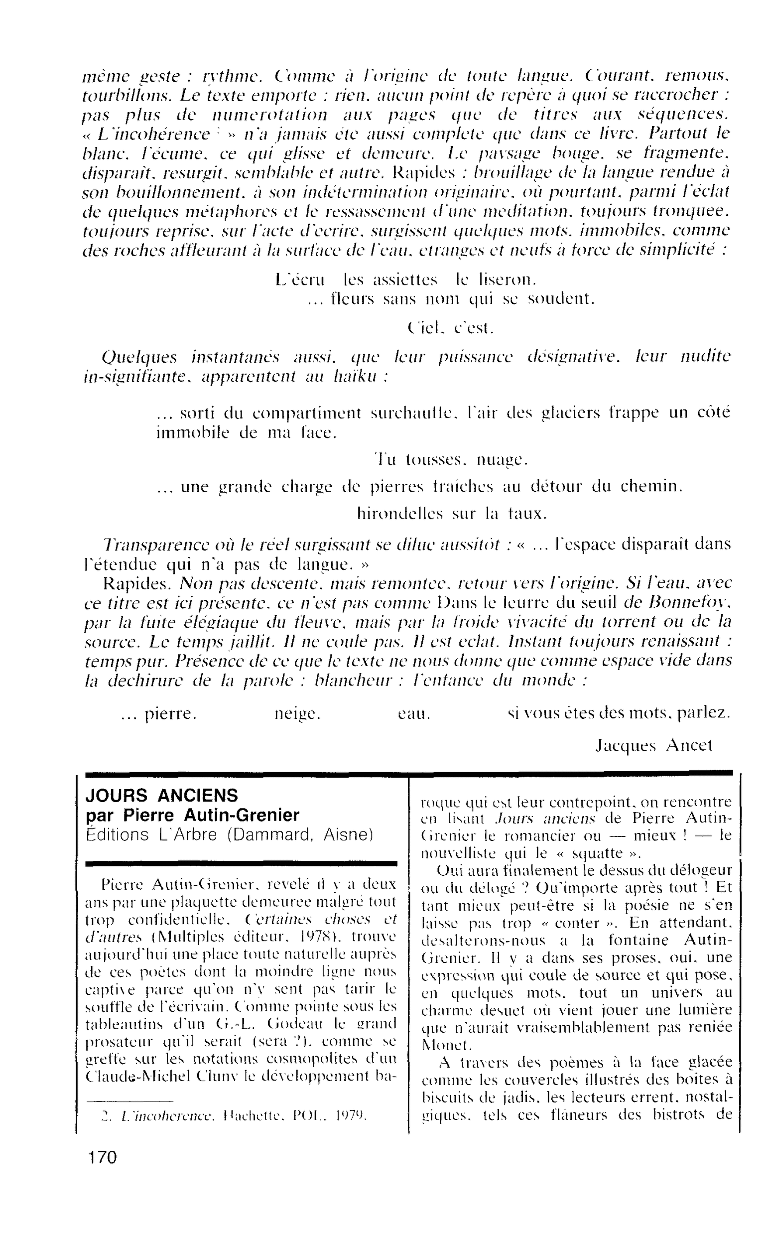 JOURS ANCIENS par Pierre Autin-Grenier