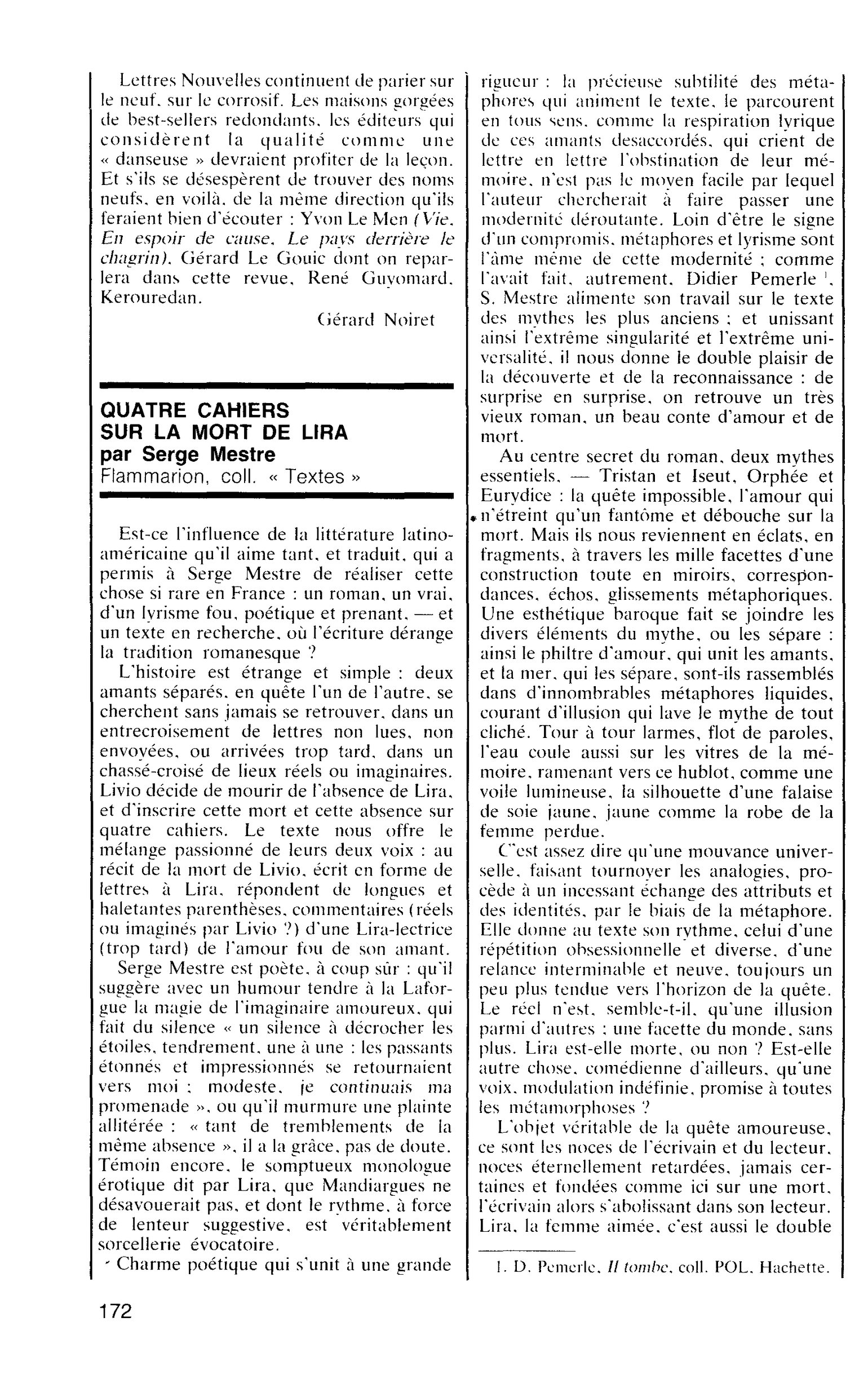 QUATRE CAHIERS SUR LA MORT DE LIRA par Serge Mestre