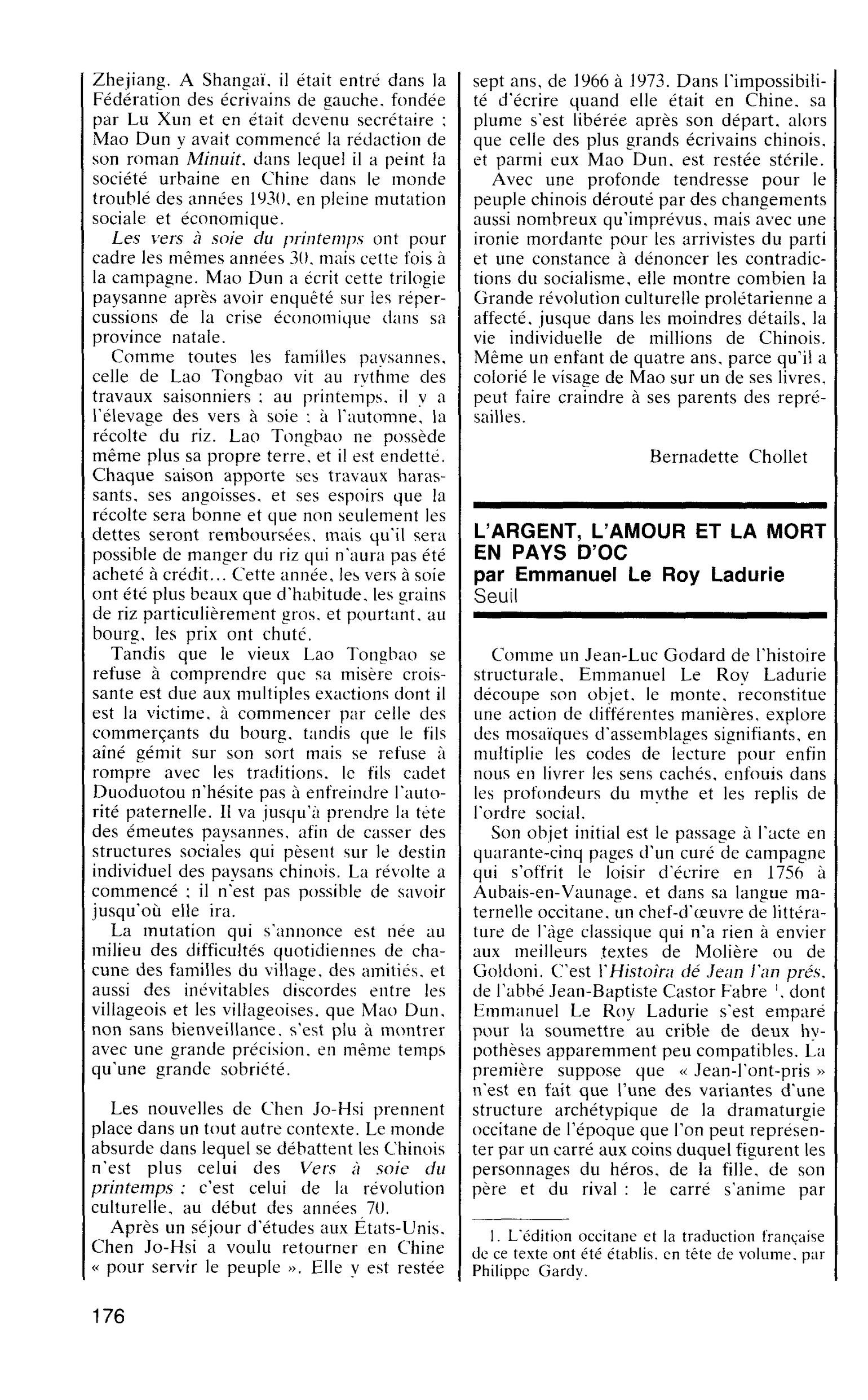 L’ARGENT, L’AMOUR ET LA MORT EN PAYS D’OC par Emmanuel Le Roy Ladurie