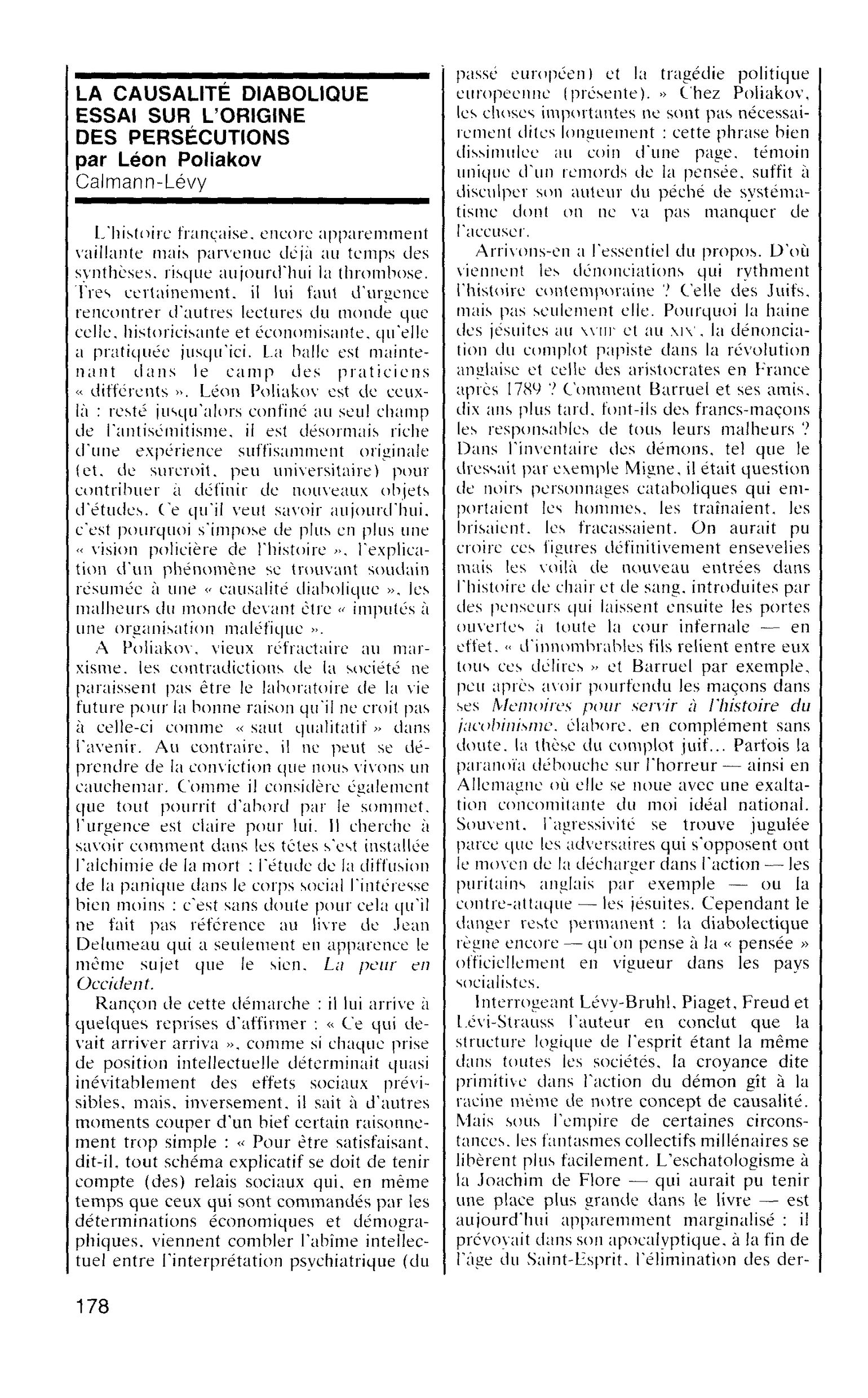 LA CAUSALITE DIABOLIQUE ESSAI SUR L’ORIGINE DES PERSÉCUTIONS par Léon Poliakov