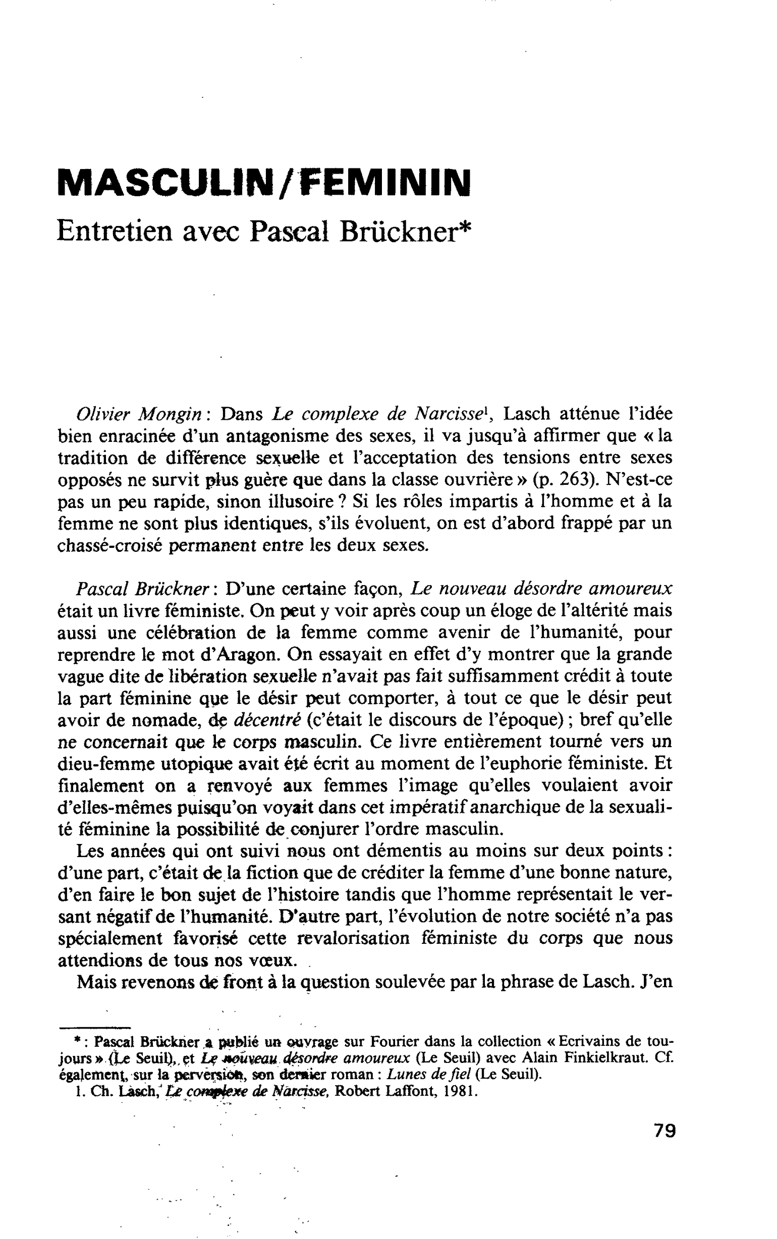 MASCULIN/FEMININ. Entretien avec Pascal Brückner