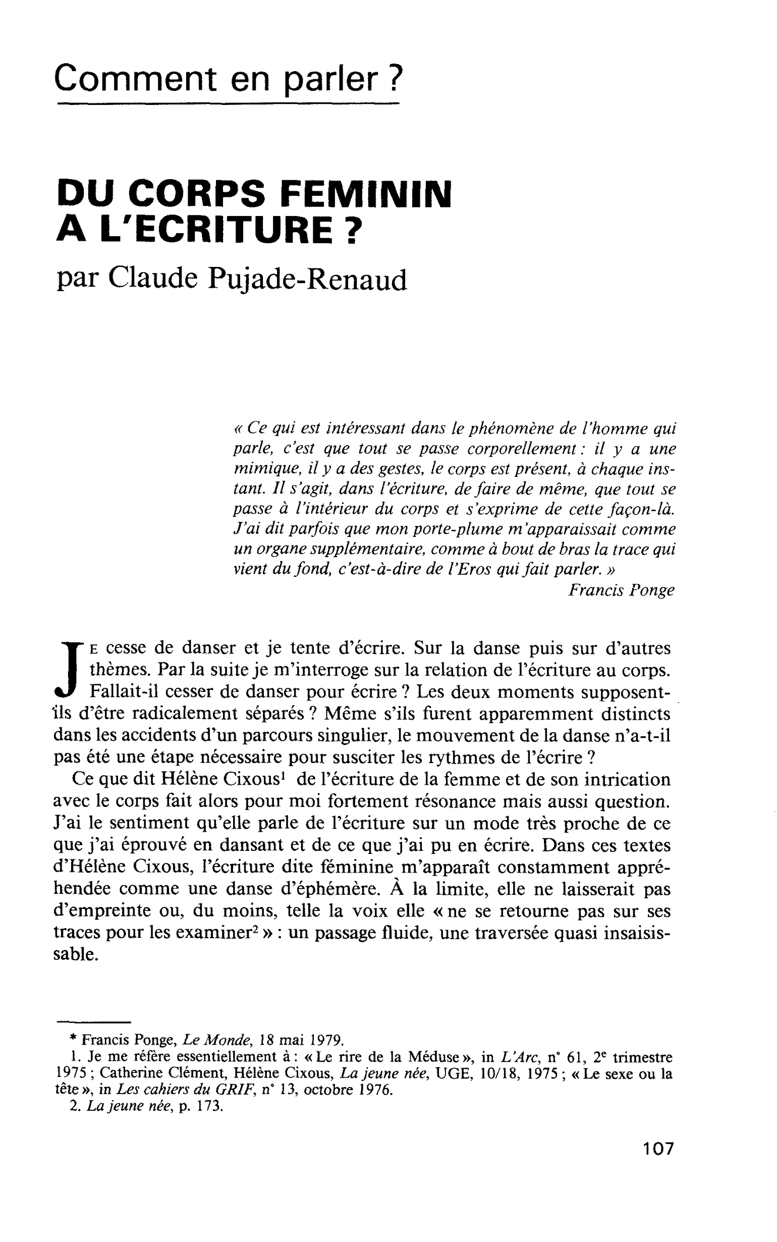 DU CORPS FEMININ A L’ECRITURE ?