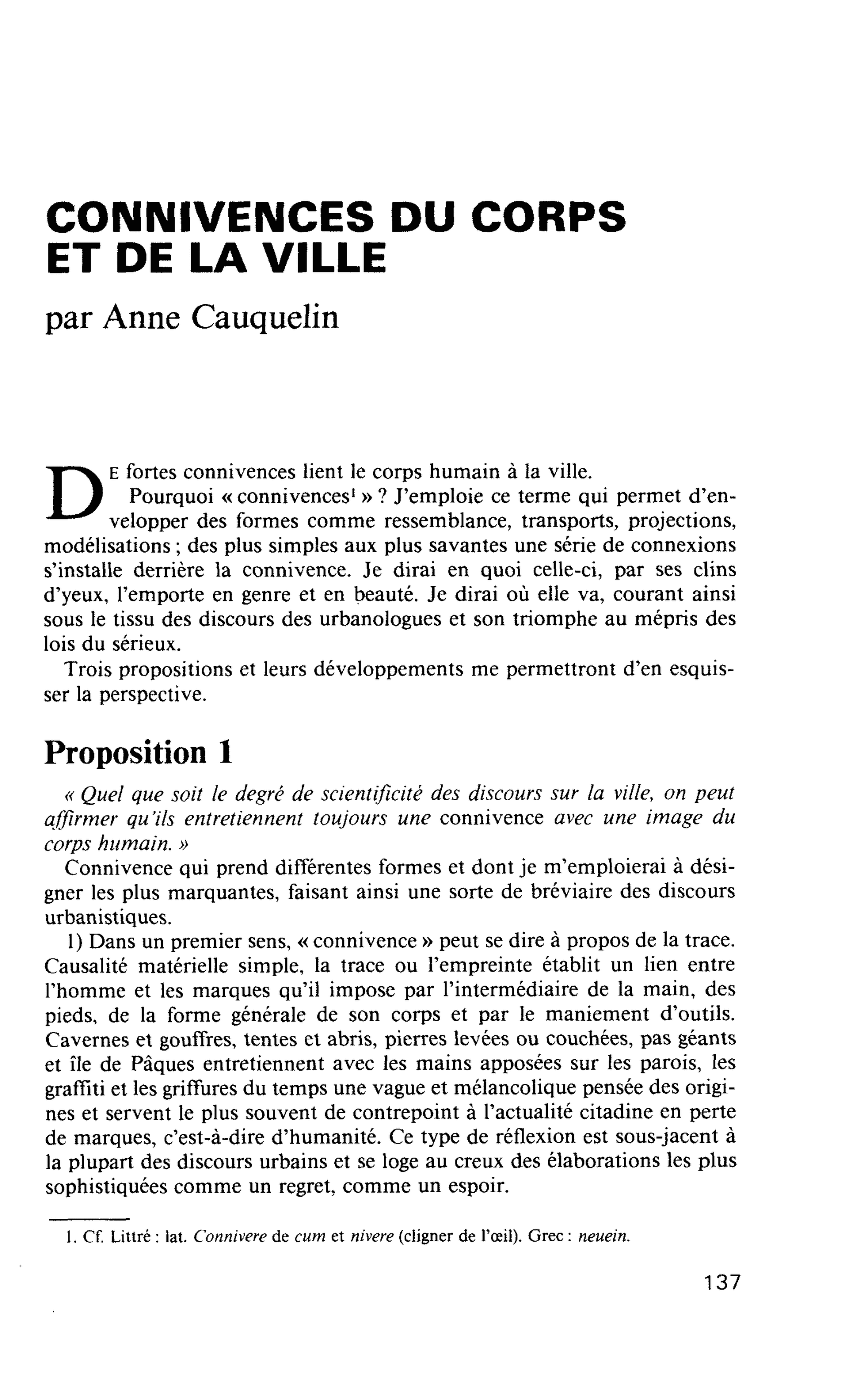 CONNIVENCES DU CORPS ET DE LA VILLE
