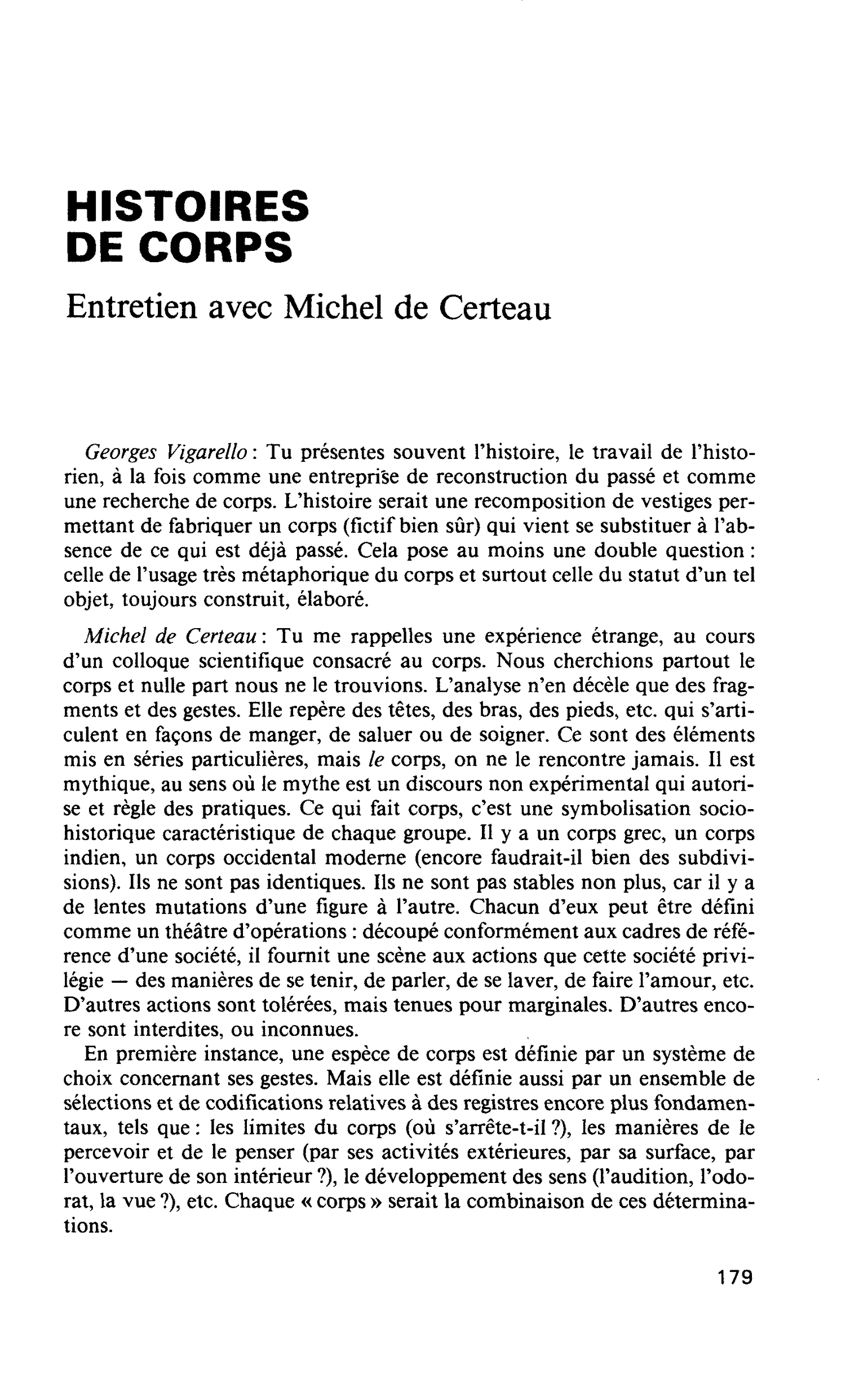 HISTOIRES DE CORPS. Entretien avec Michel de Certeau