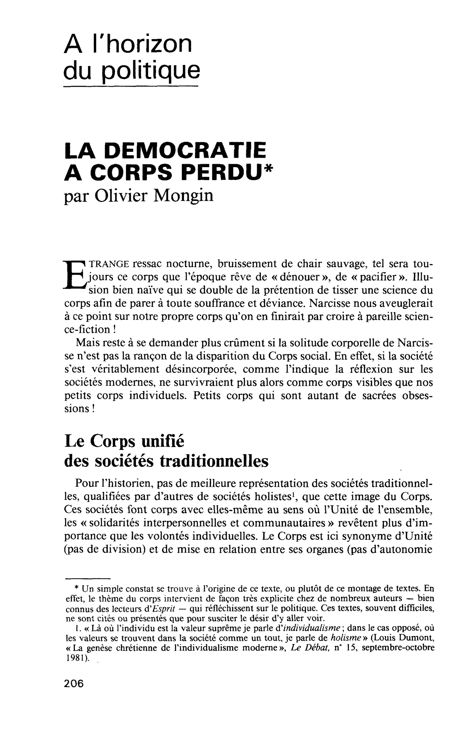 LA DEMOCRATIE A CORPS PERDU