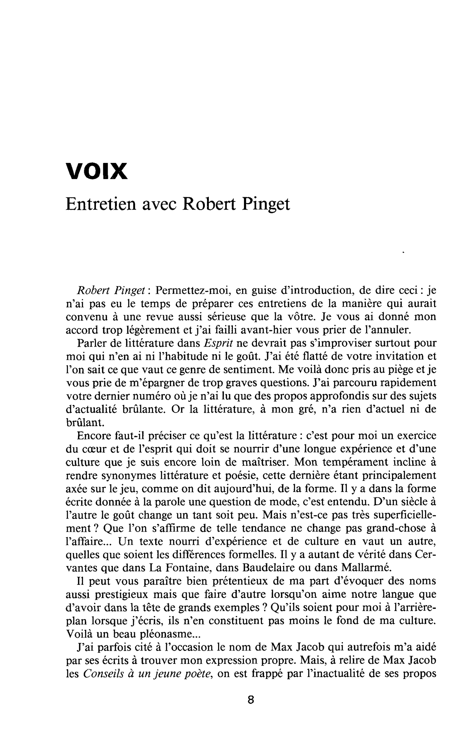 VOIX. Entretien avec Robert Pinget