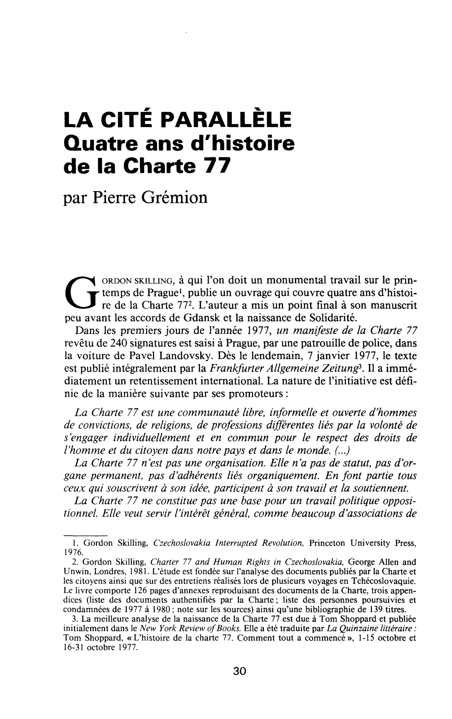 LA CITÉ PARALLELE. Quatre ans d’histoire de la Charte 77