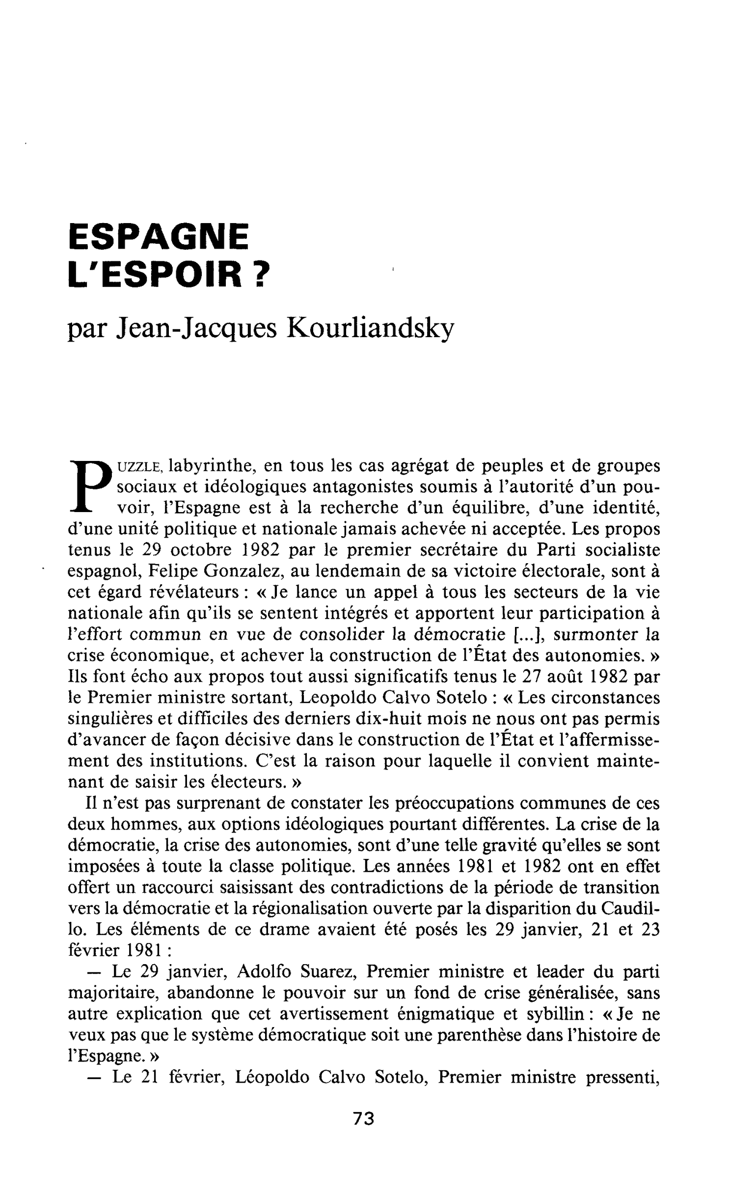 ESPAGNE L’ESPOIR ?