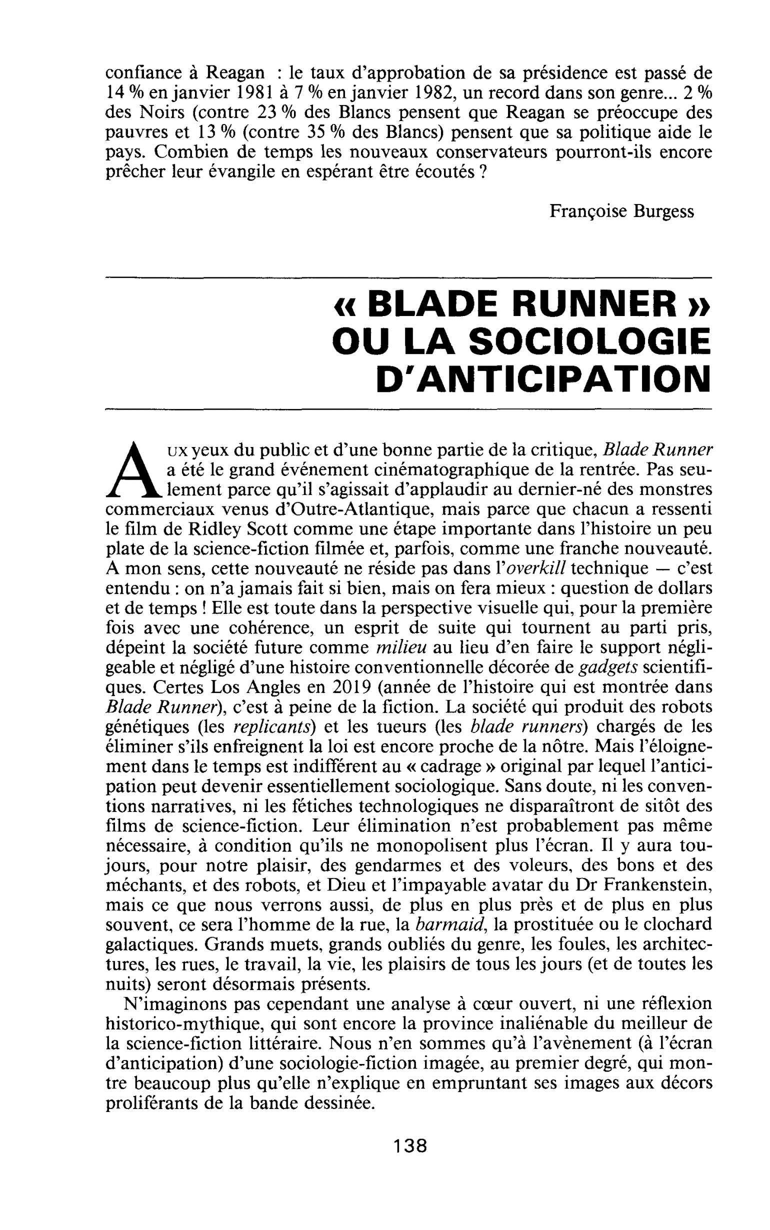 « BLADE RUNNER » OU LA SOCIOLOGIE D’ANTICIPATION