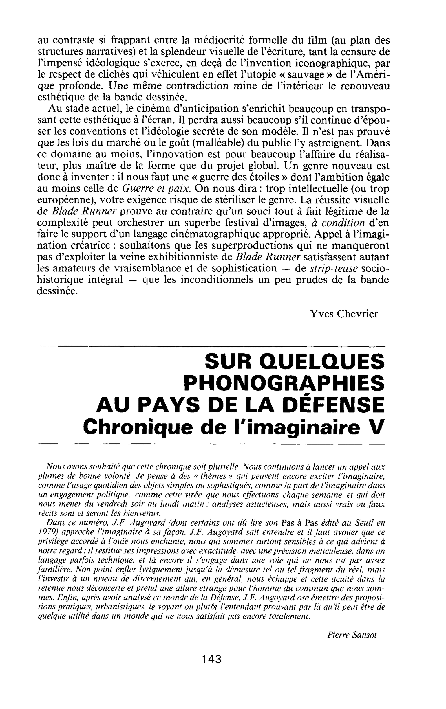 SUR QUELQUES PHONOGRAPHIES AU PAYS DE LA DÉFENSE. Chronique de l’imaginaire V
