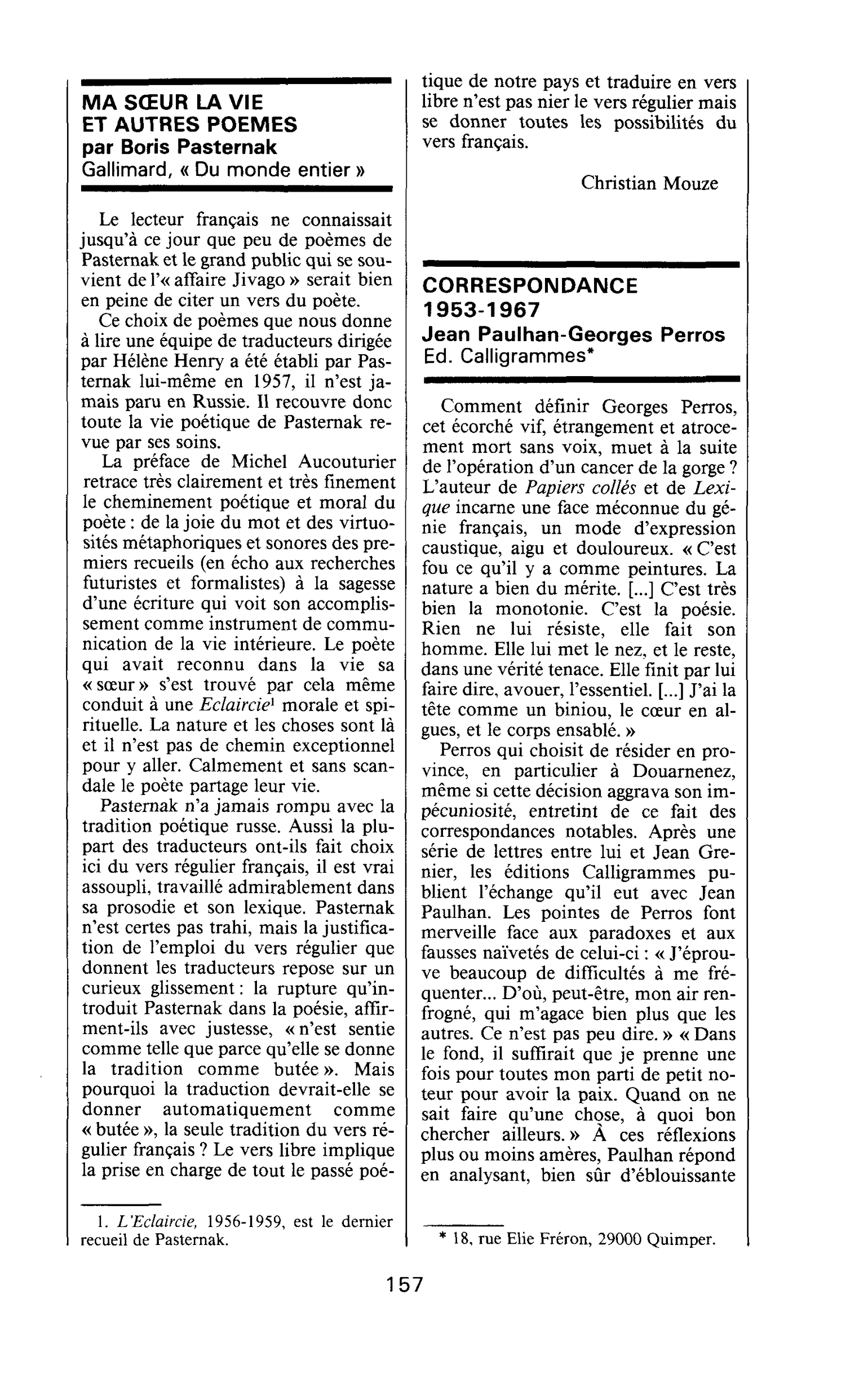 CORRESPONDANCE. 1953-1967 Jean Paulhan-Georges Perros