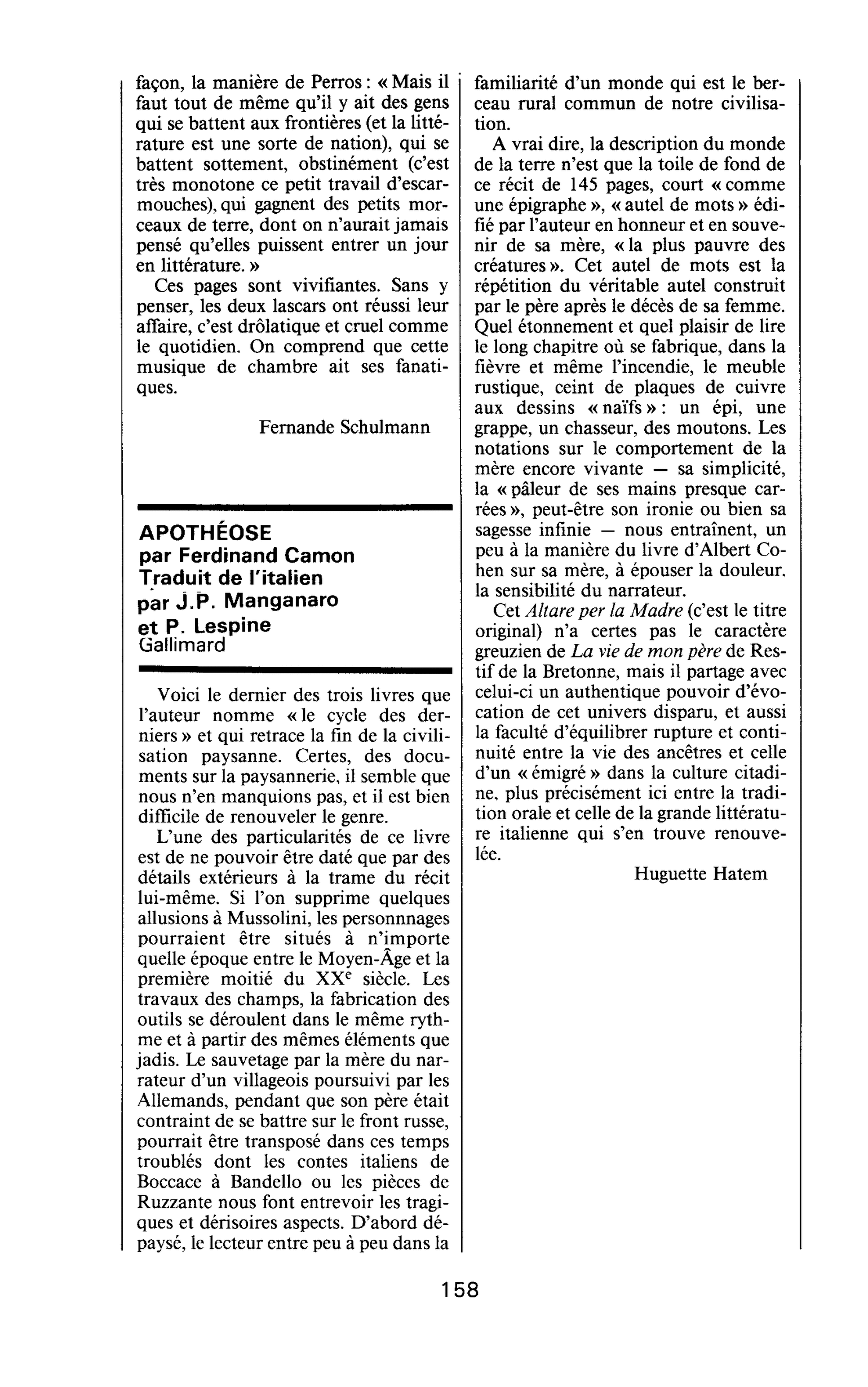 APOTHÉOSE par Ferdinand Camon Traduit de l’italien par J.P. Manganaro et P. Lespine