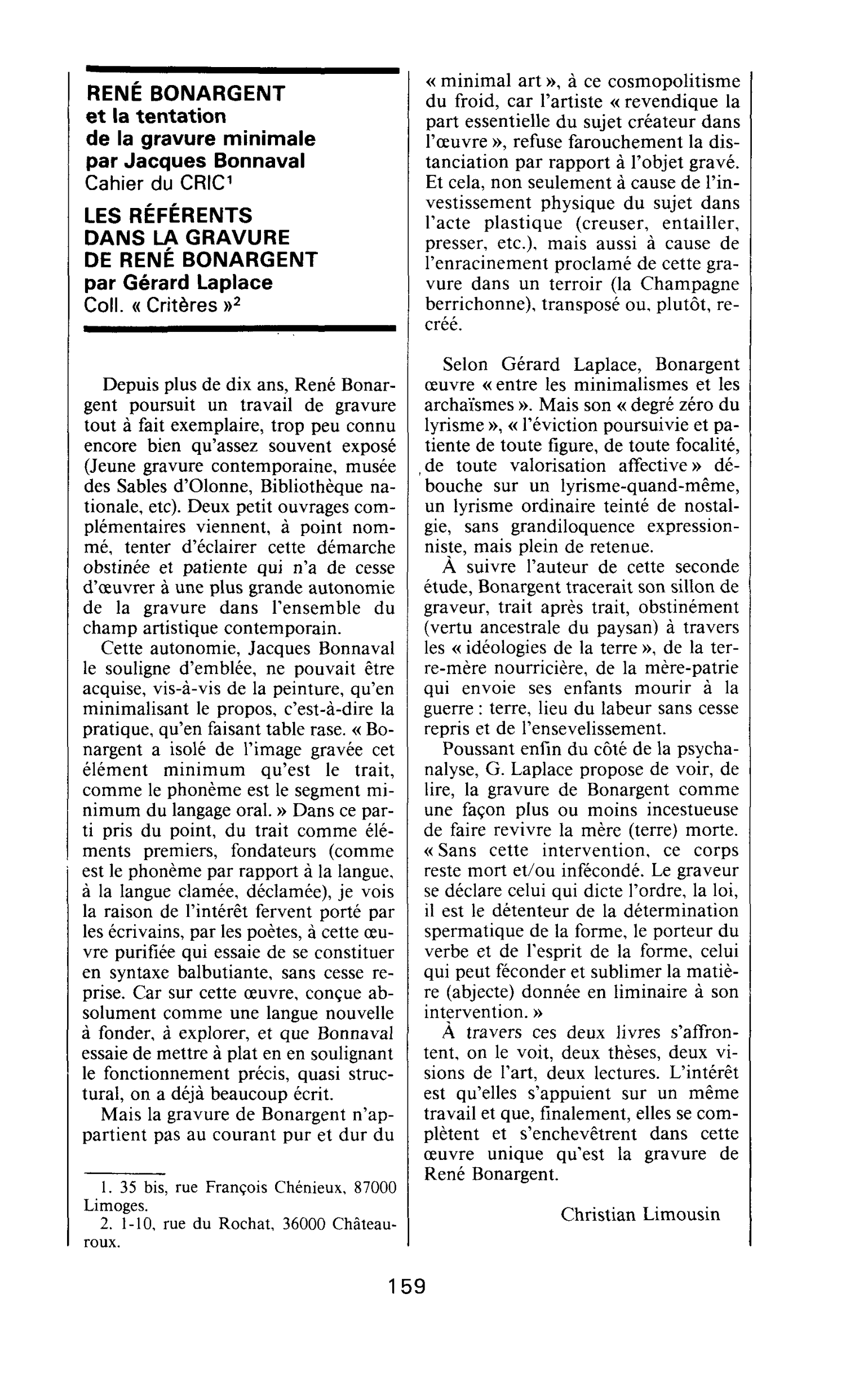 RENÉ BONARGENT et la tentation de la gravure minimale par Jacques Bonnaval. LES RÉFÉRENTS DANS LA GRAVURE DE RENÉ BONARGENT par Gérard Laplace