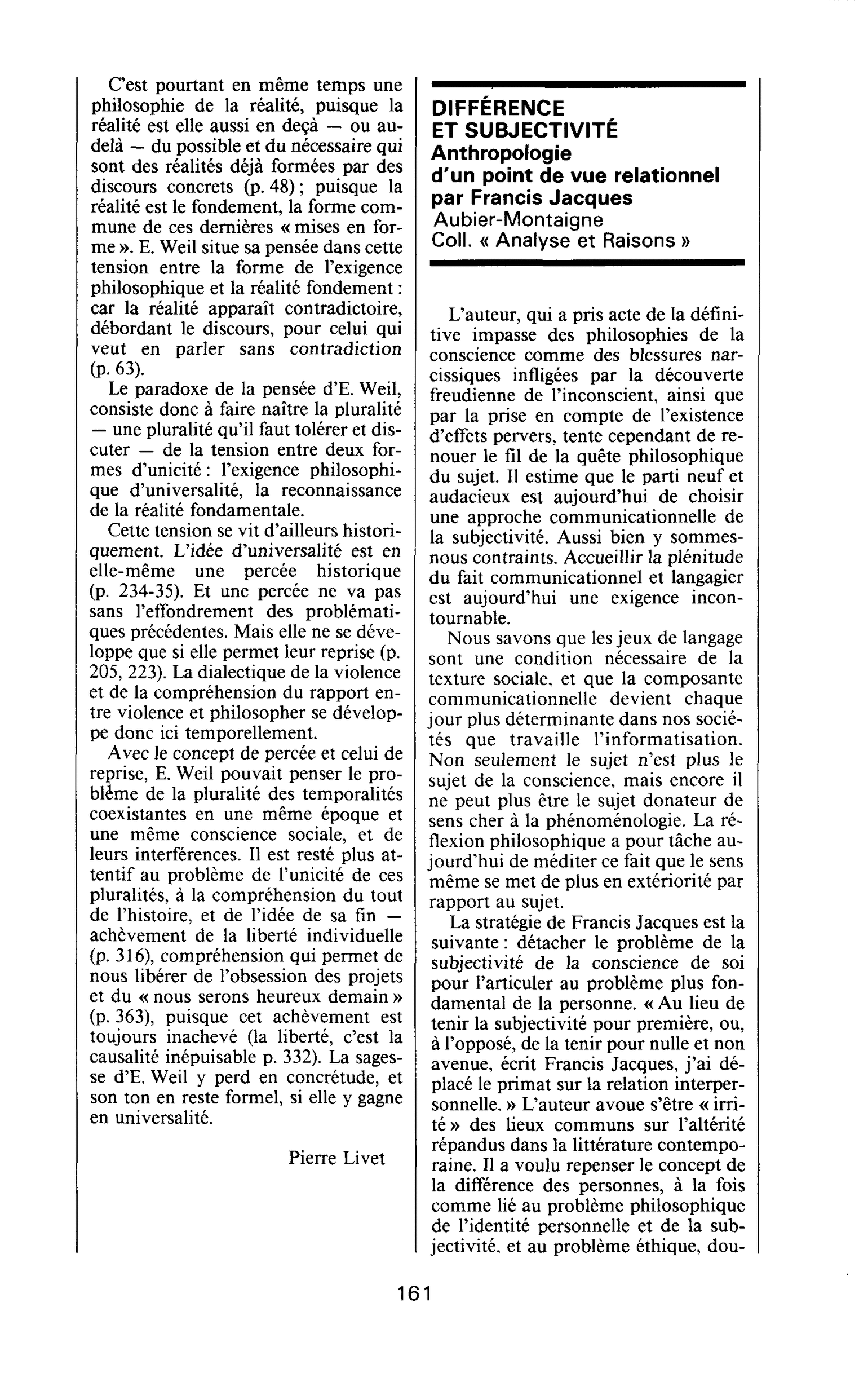DIFFÉRENCE ET SUBJECTIVITÉ. Anthropologie d’un point de vue relationnel par Francis Jacques