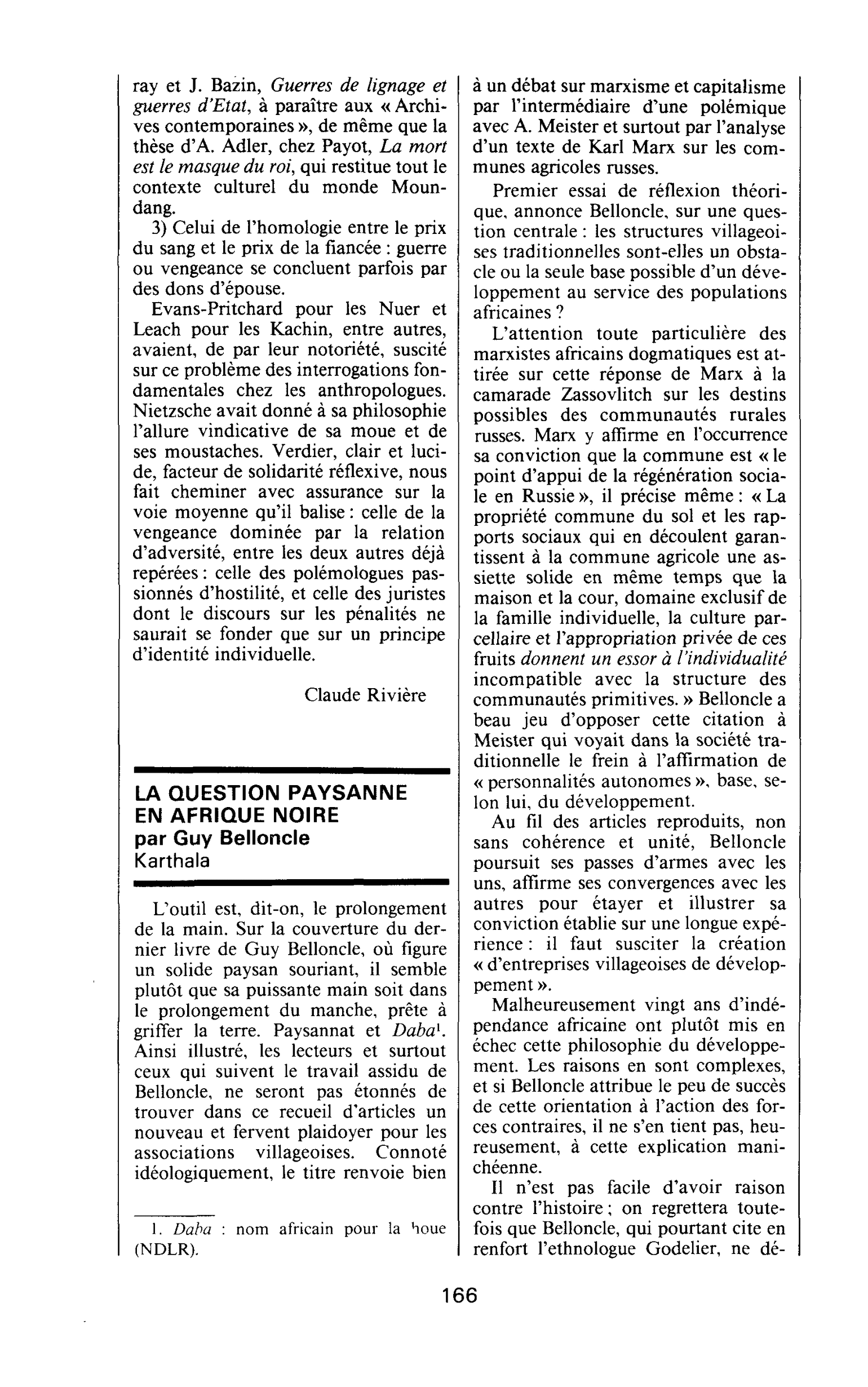 LA QUESTION PAYSANNE EN AFRIQUE NOIRE par Guy Belloncle