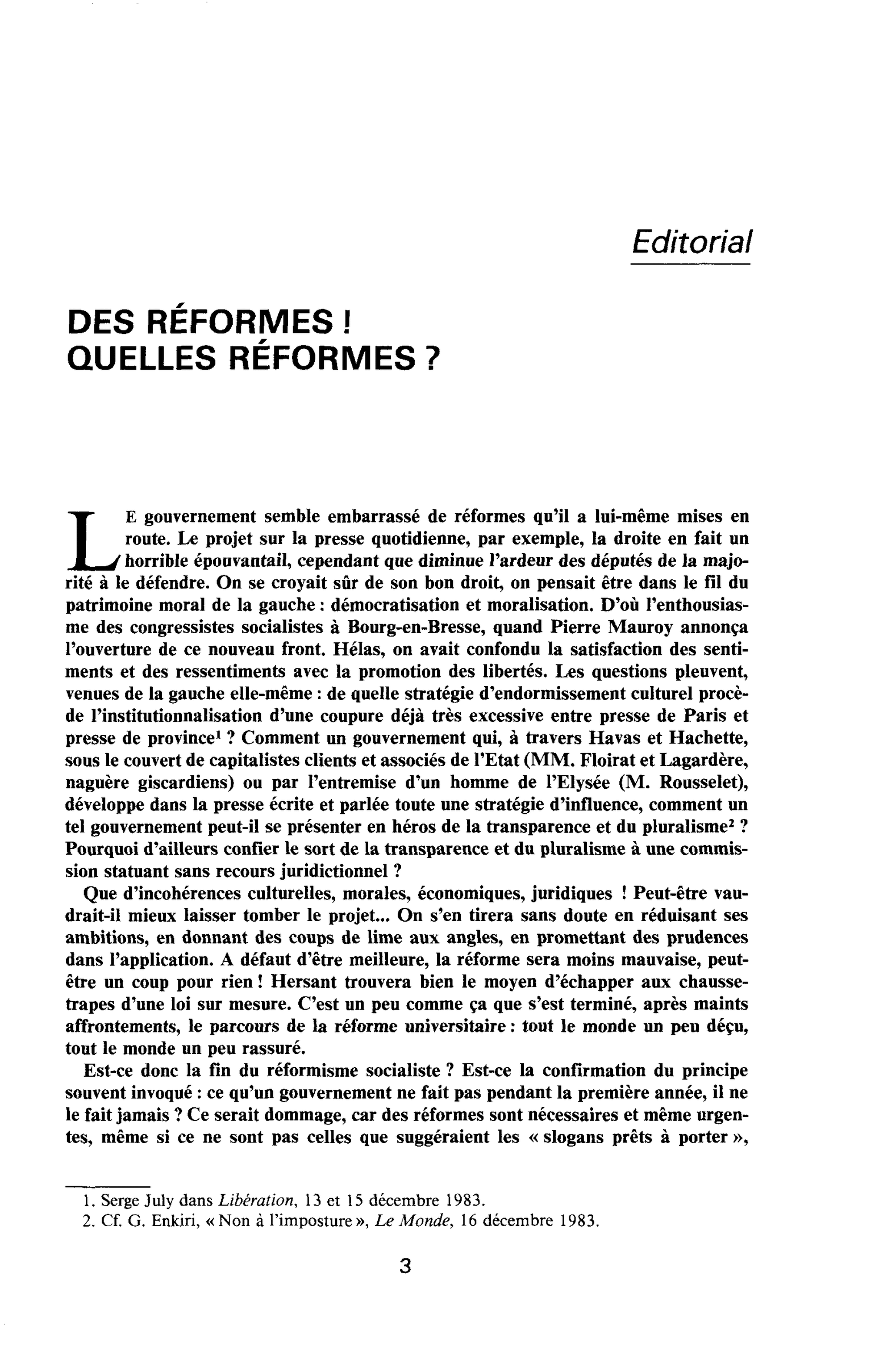 DES RÉFORMES ! QUELLES RÉFORMES ?