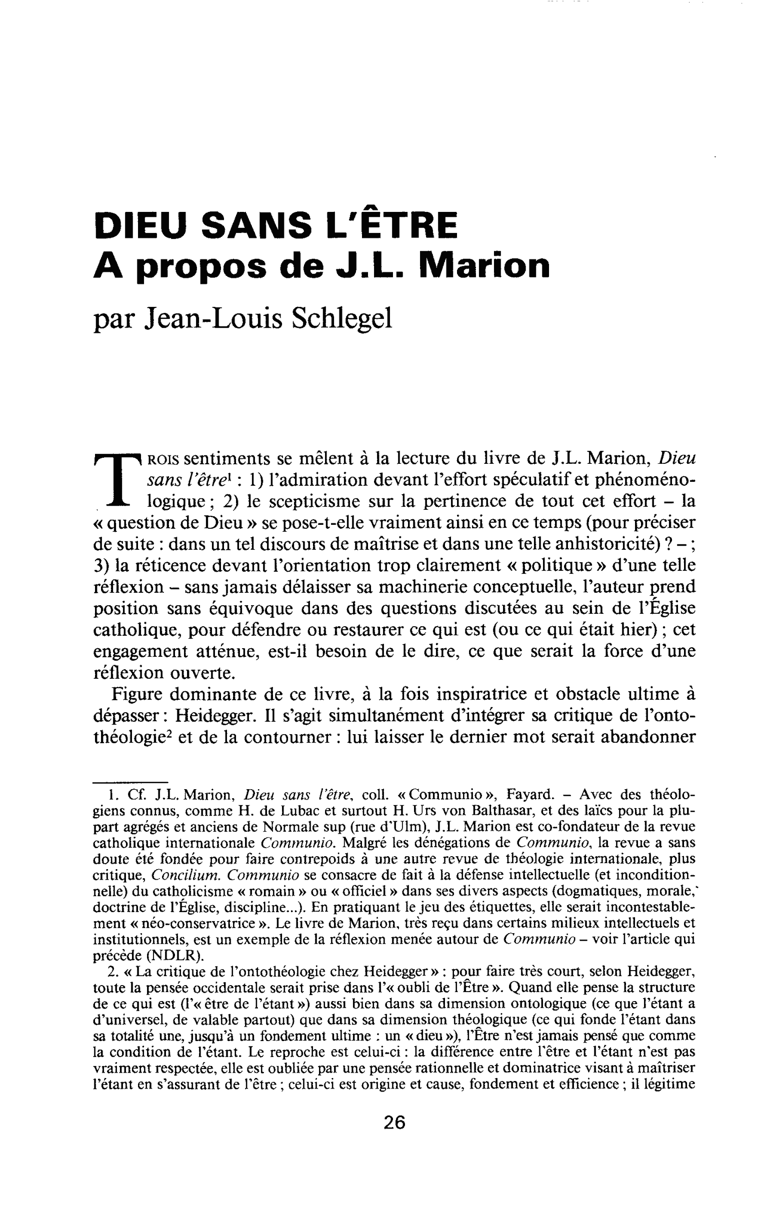 DIEU SANS L’ÊTRE. A propos de J.L. Marion