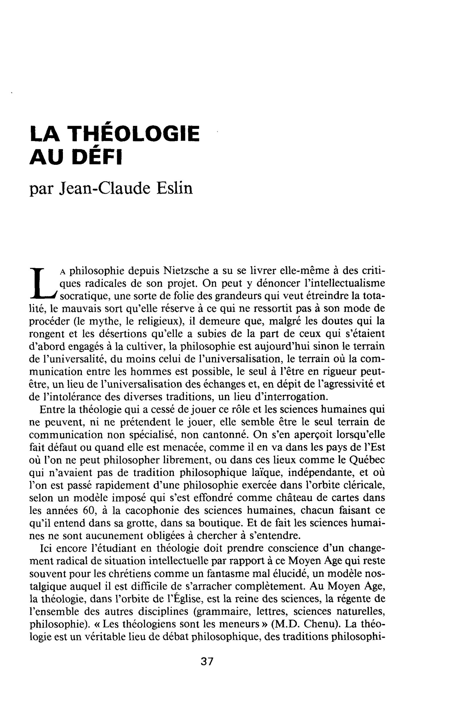 LA THÉOLOGIE AU DÉFI