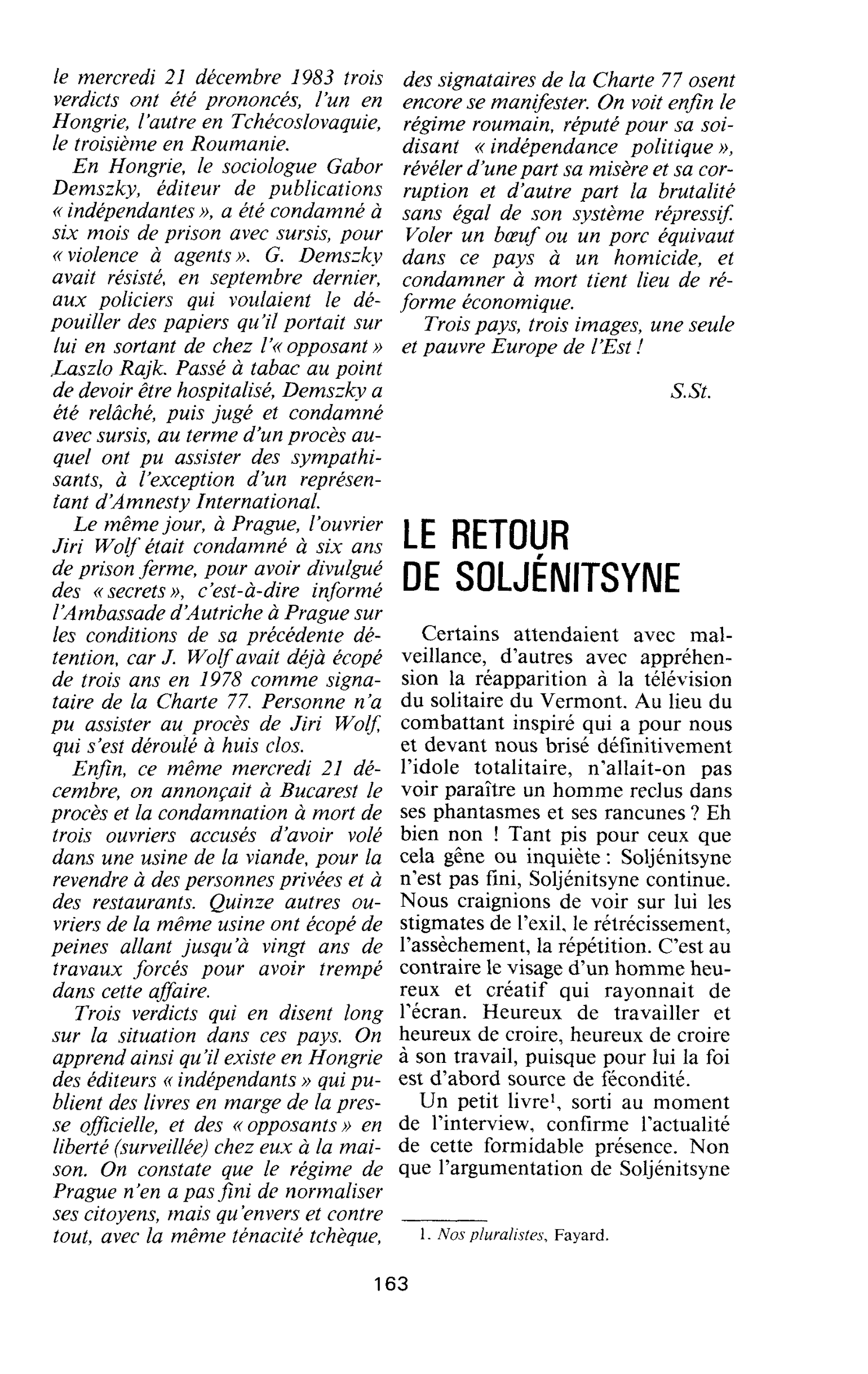 LE RETOUR DE SOLJÉNITSYNE