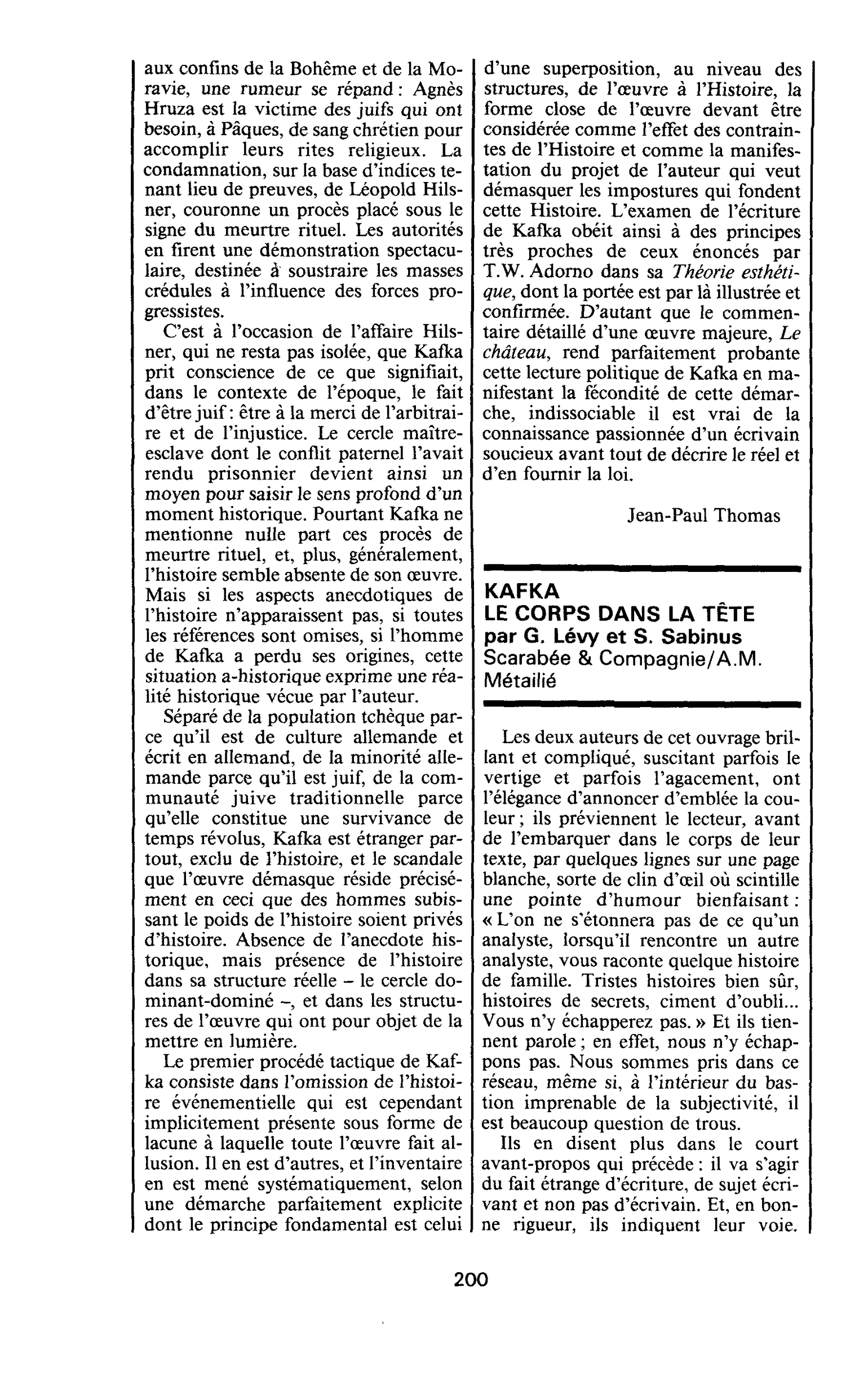 KAFKA LE CORPS DANS LA TÊTE par G. Lévy et S. Sabinus