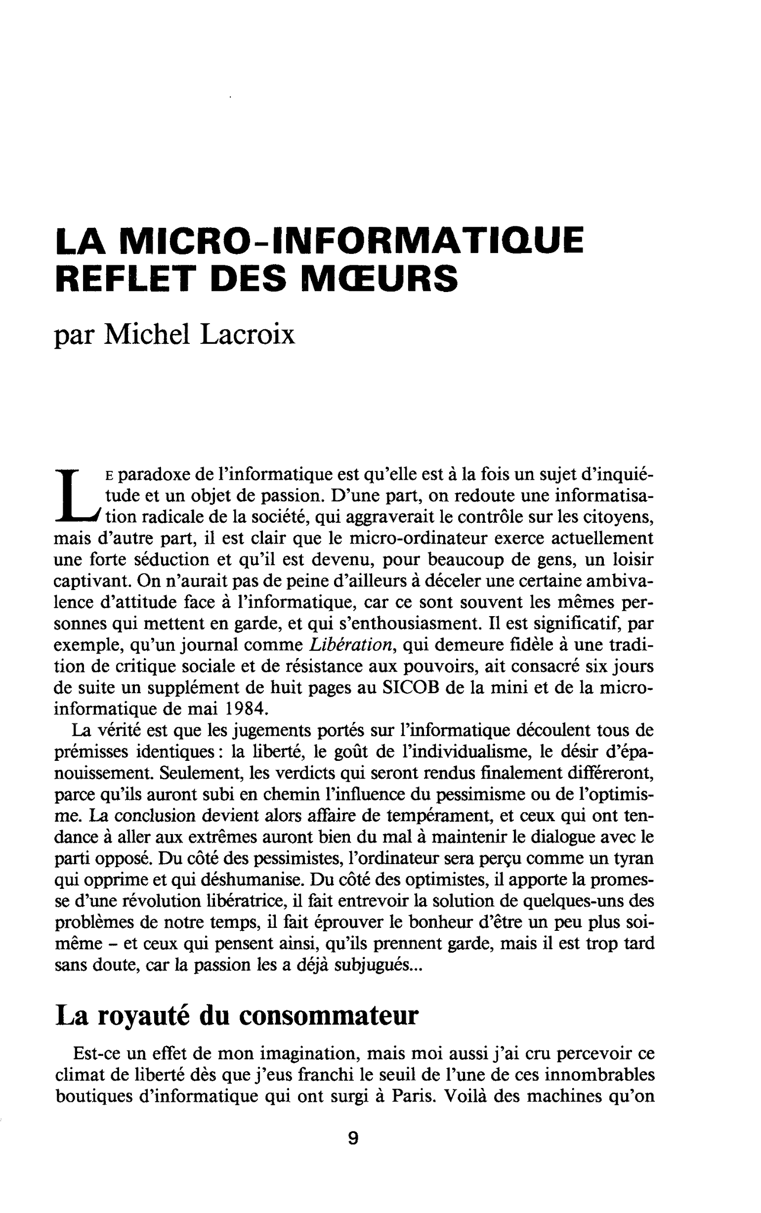 LA MICRO-INFORMATIQUE REFLET DES MOEURS